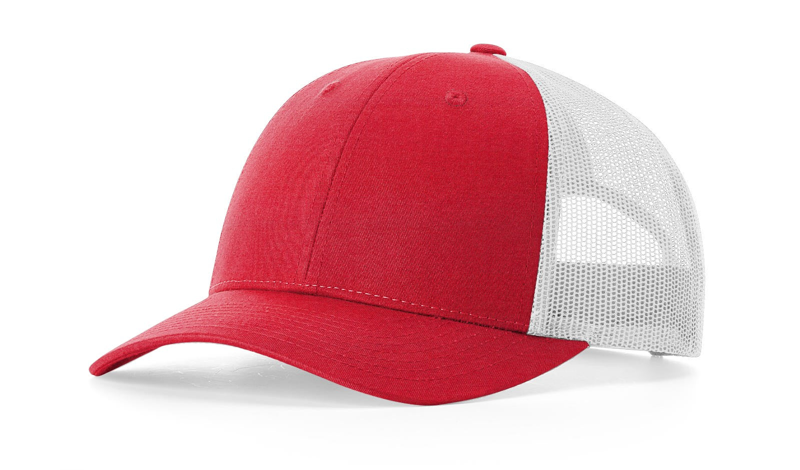 Richardson 115 Low-Profile Trucker Cap in heather red and light grey.