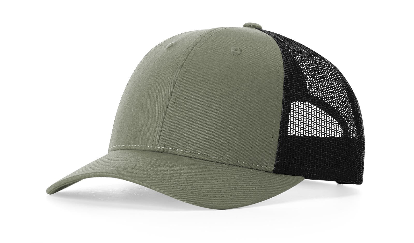 Richardson 115 Low-Profile Trucker Cap in Loden and Black colors.