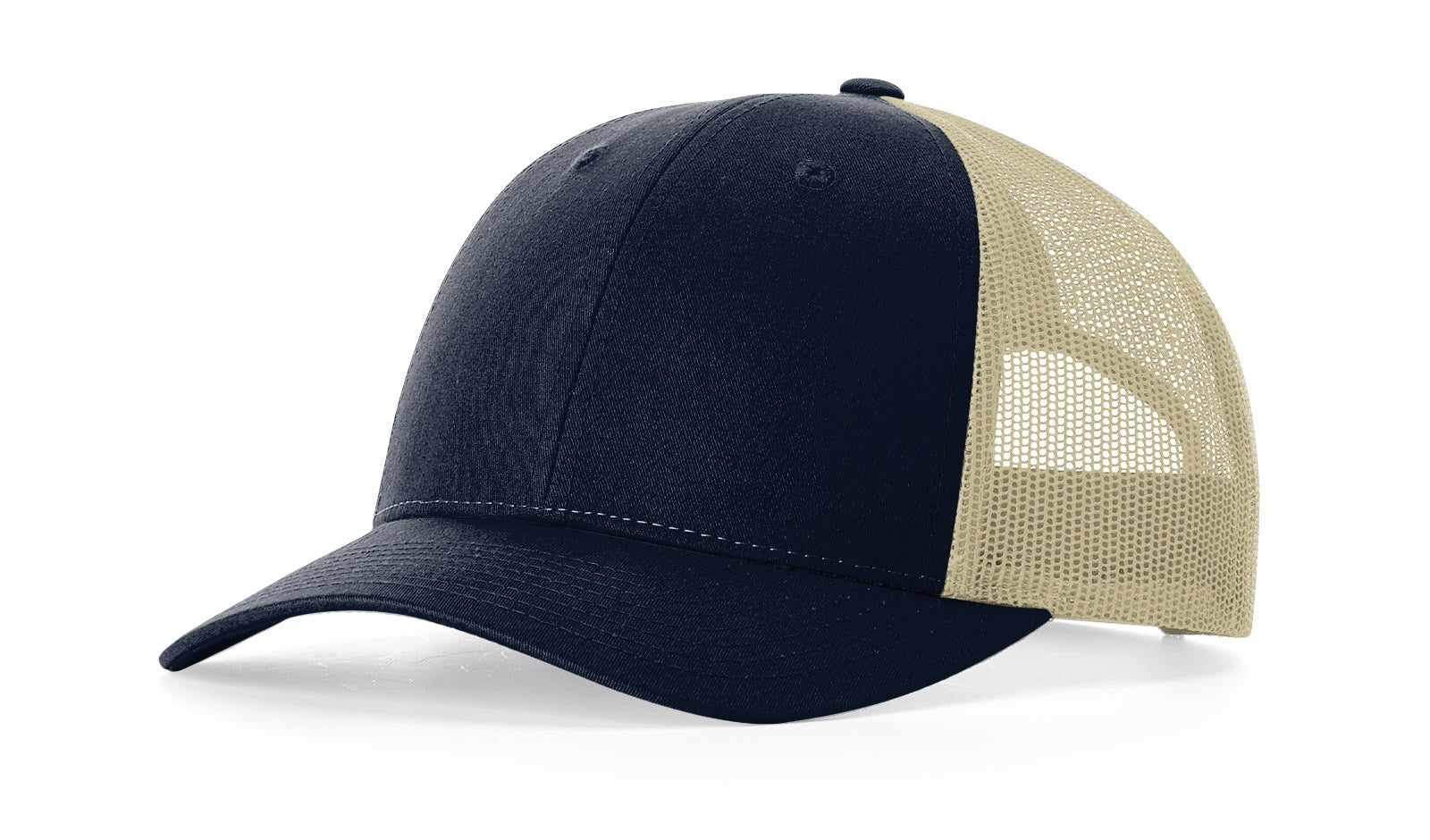 Navy-Khaki Richardson 115 Low-Profile Trucker Cap with mesh back.