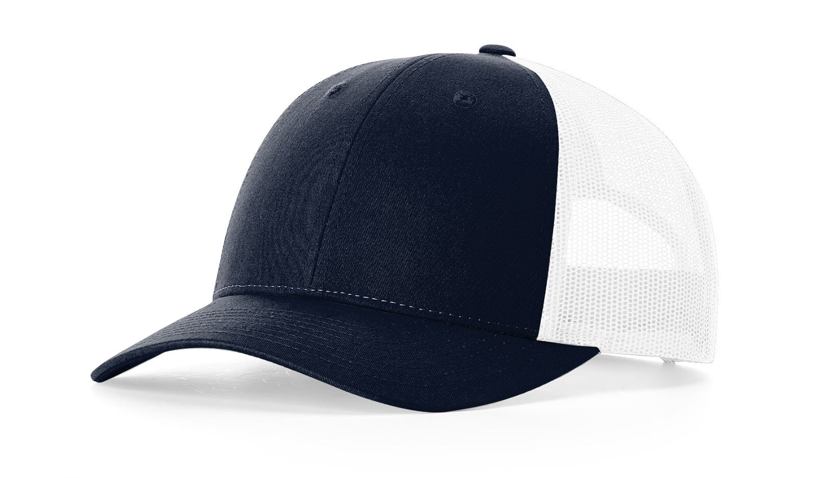 Richardson 115 Navy-White Low-Profile Trucker Cap with mesh back and curved brim.