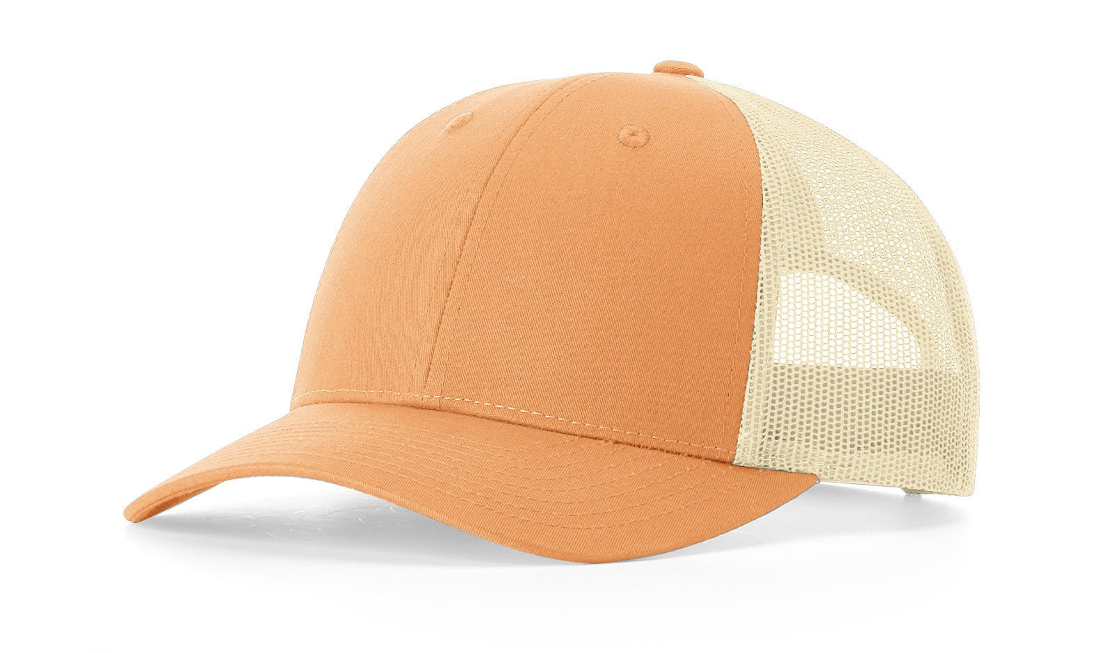 Richardson 115 Low-Profile Trucker Cap in Peach-Birch color, front view.