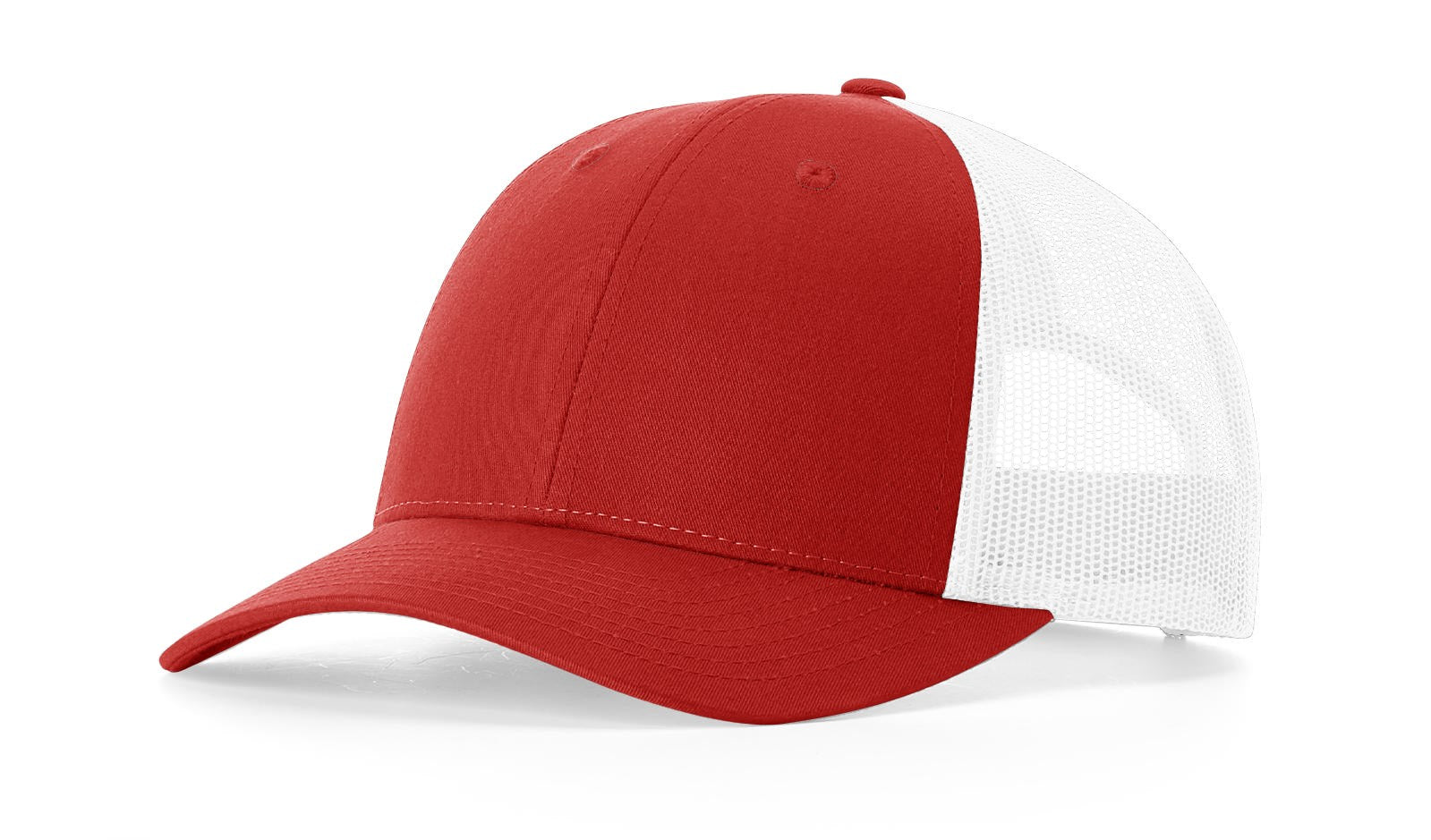 Red and white Richardson 115 Low-Profile Trucker Cap with mesh back.