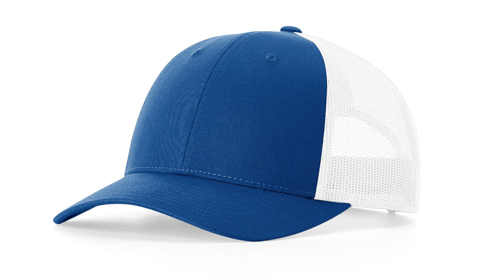 Richardson 115 Royal-White Low-Profile Trucker Cap with mesh back.