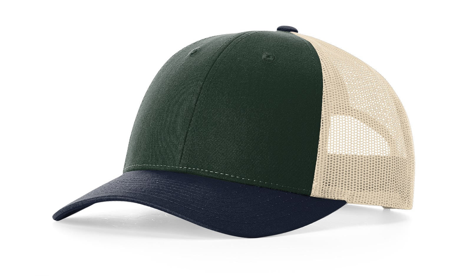 Richardson 115 Low-Profile Trucker Cap in spruce, birch, and light navy colors.