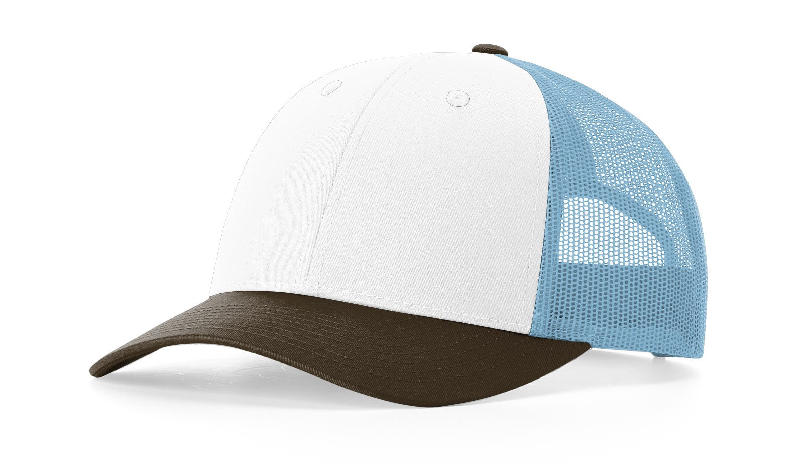 Richardson 115 Low-Profile Trucker Cap in white, blue, and brown.