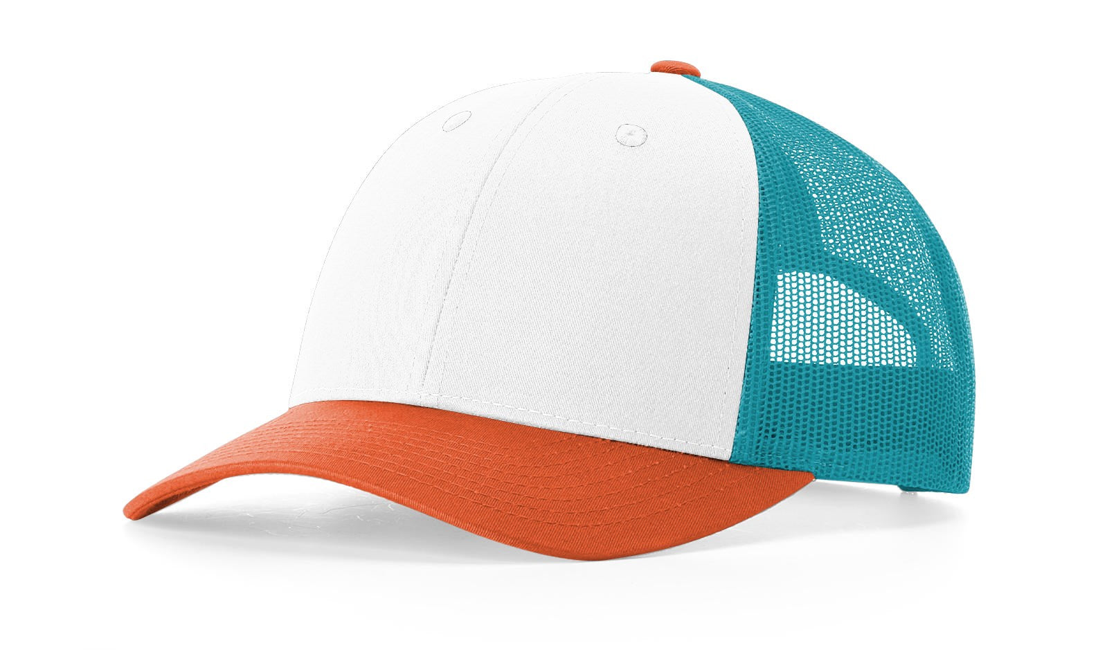 Richardson 115 Low-Profile Trucker Cap in white, Hawaiian blue, and pale orange.