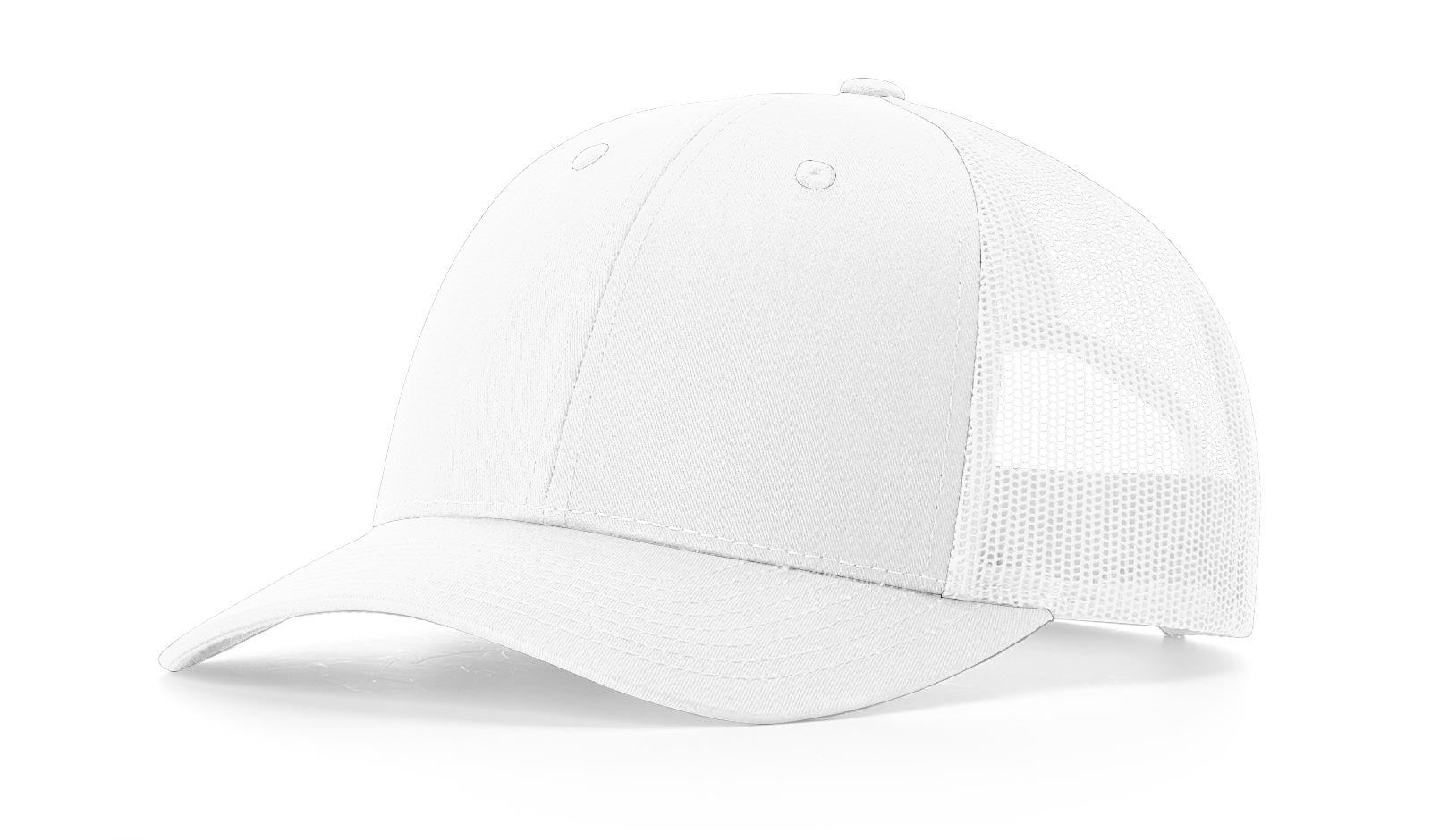 White Richardson 115 Low-Profile Trucker Cap with mesh back and curved brim.