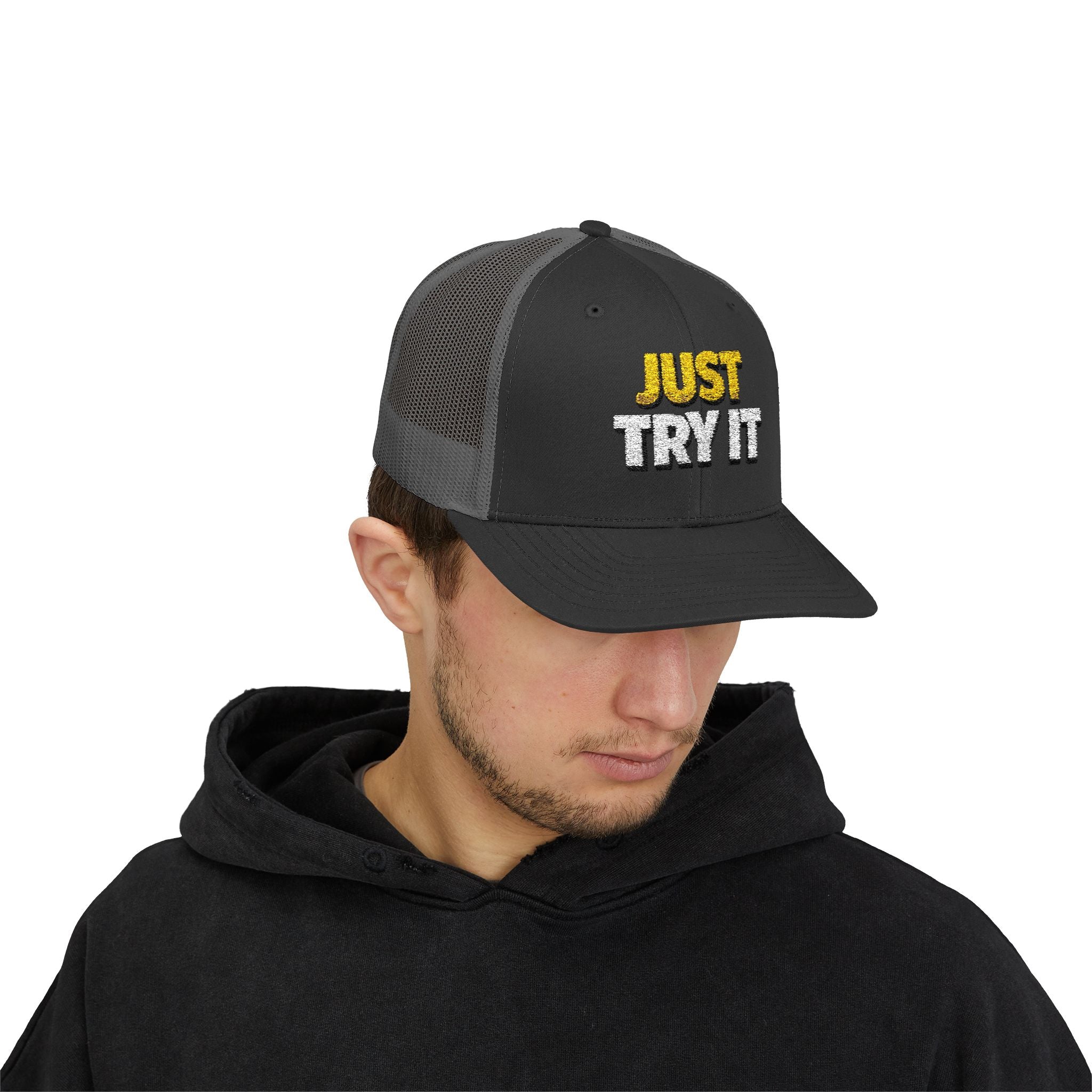 Just Try It Snapback Trucker Hat — Casual Motivational Mesh Cap
