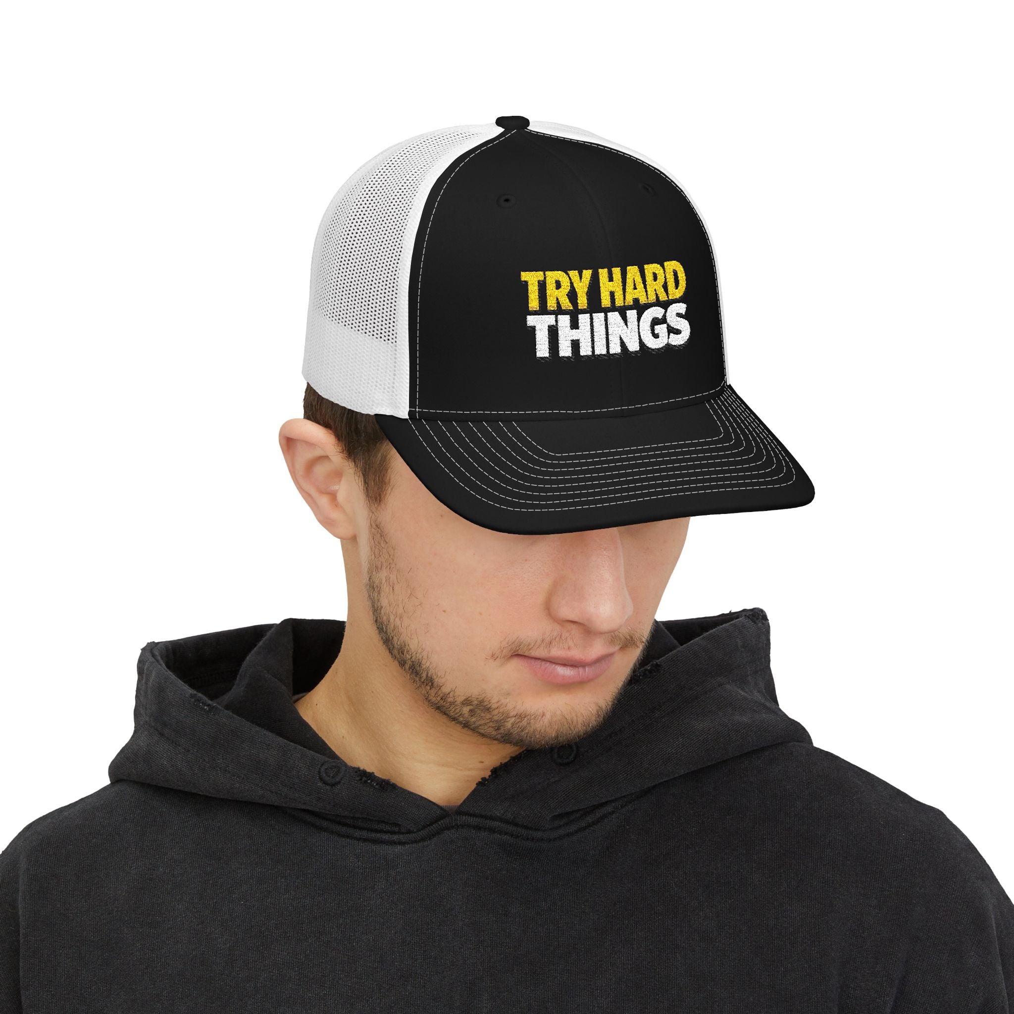 Try Hard Things Embroidered Trucker Hat — Motivational Snapback Cap
