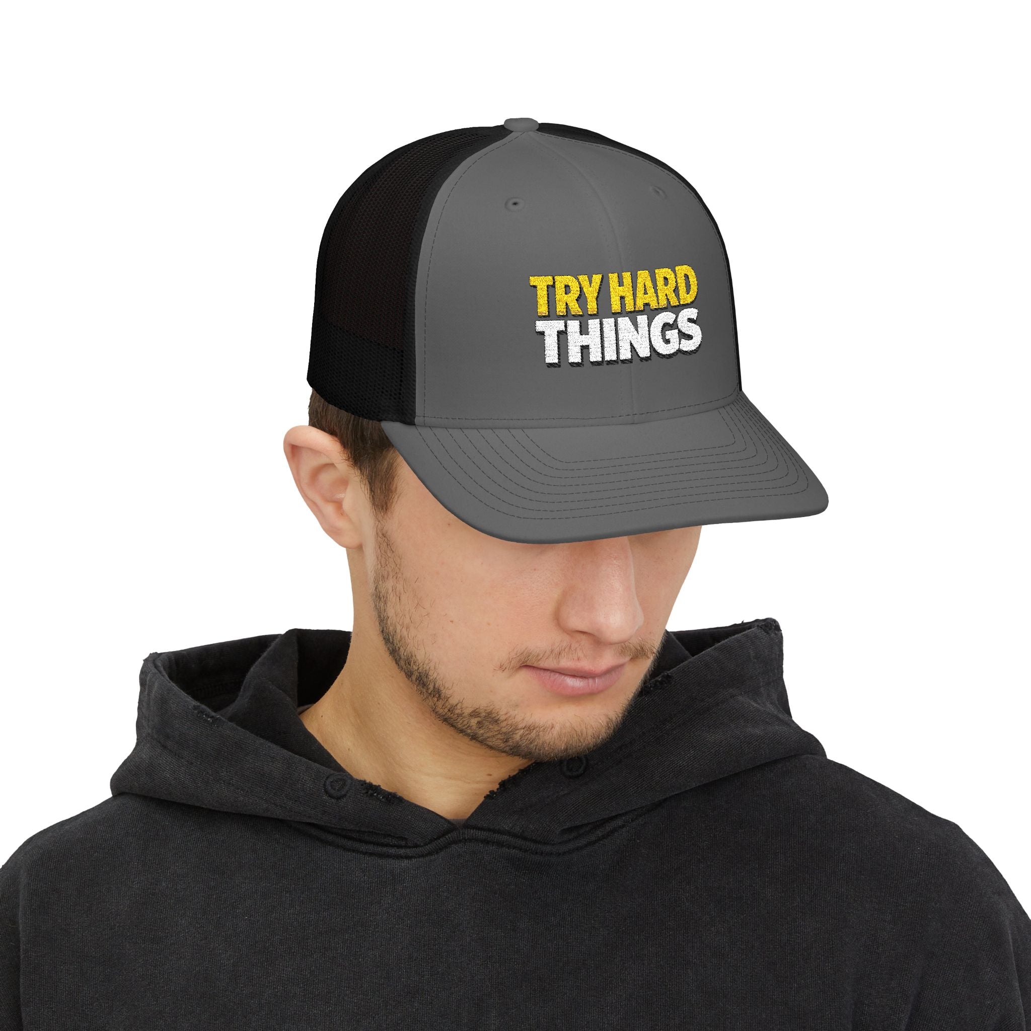 Try Hard Things Embroidered Trucker Hat — Motivational Snapback Cap