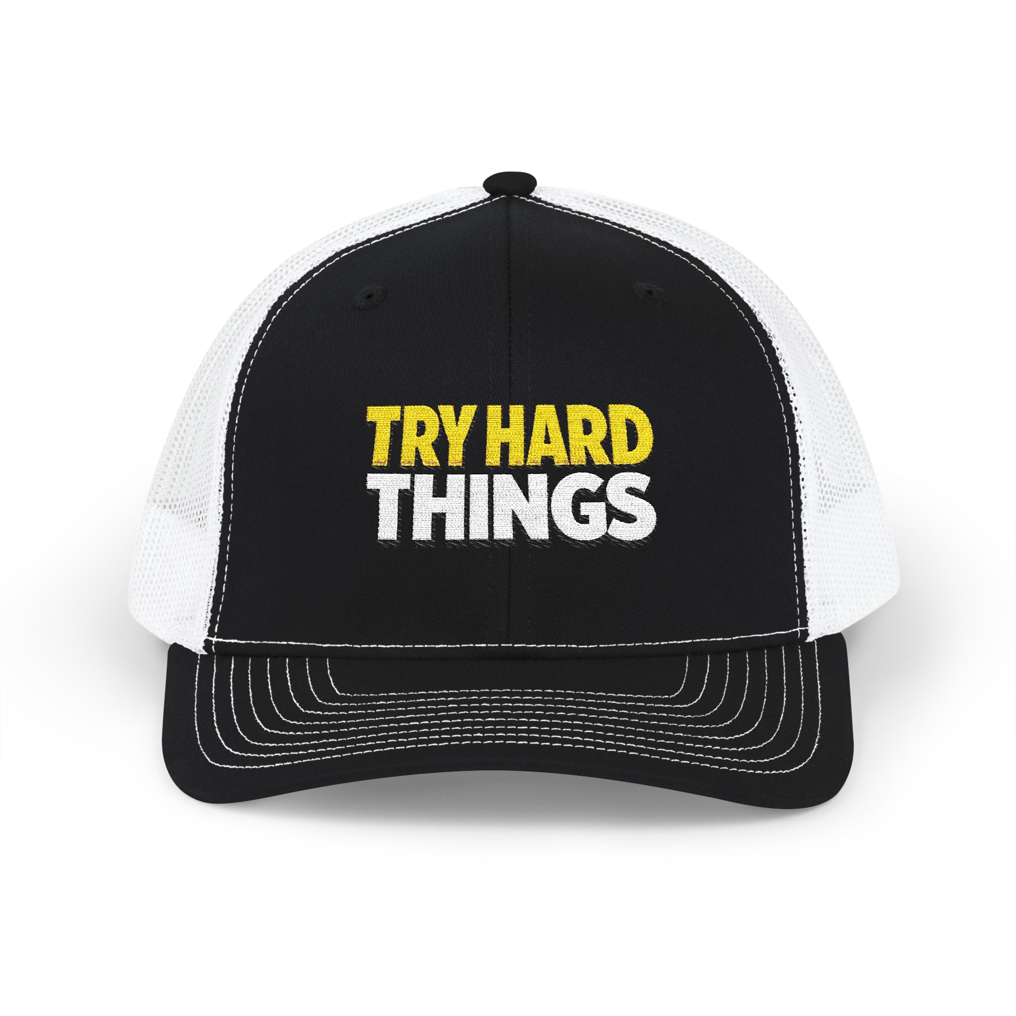 Try Hard Things Embroidered Trucker Hat — Motivational Snapback Cap