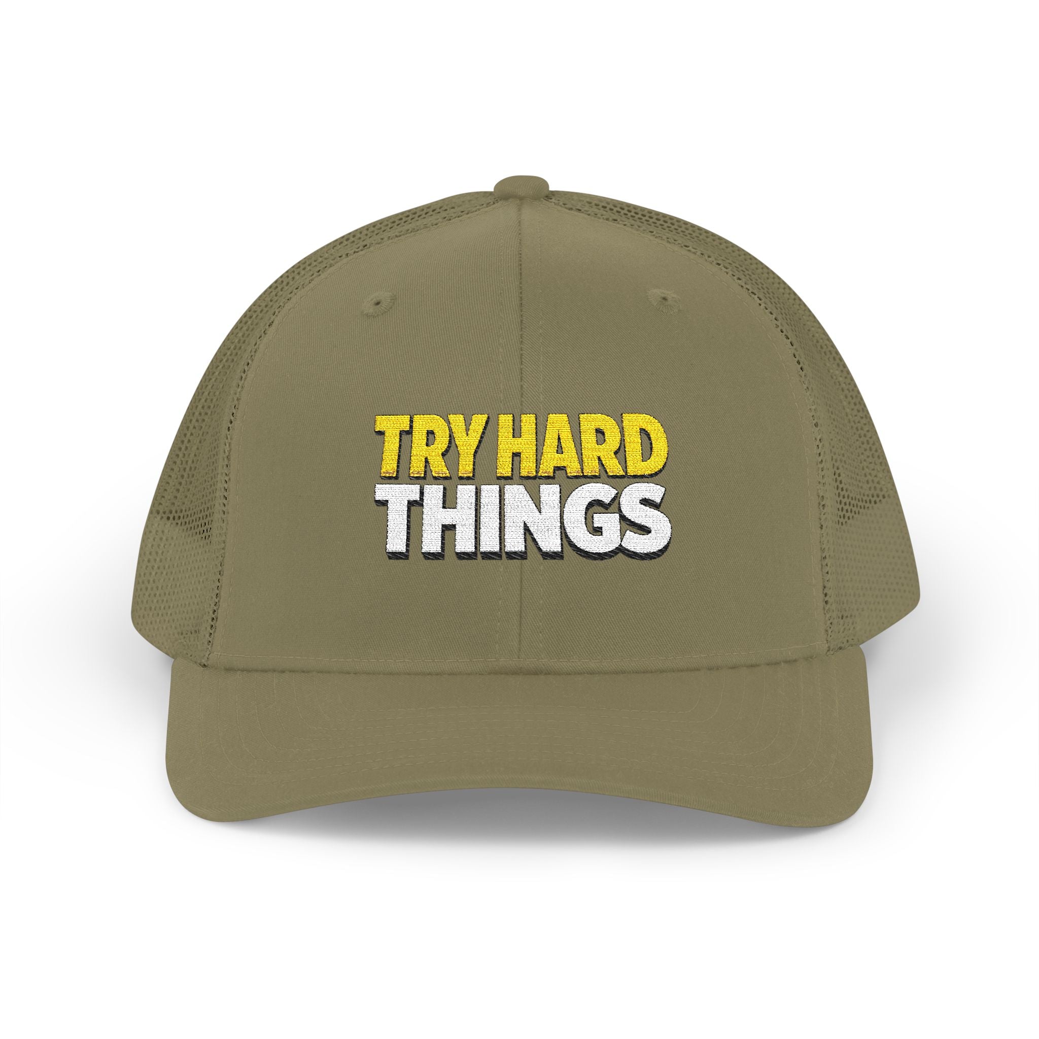 Try Hard Things Embroidered Trucker Hat — Motivational Snapback Cap