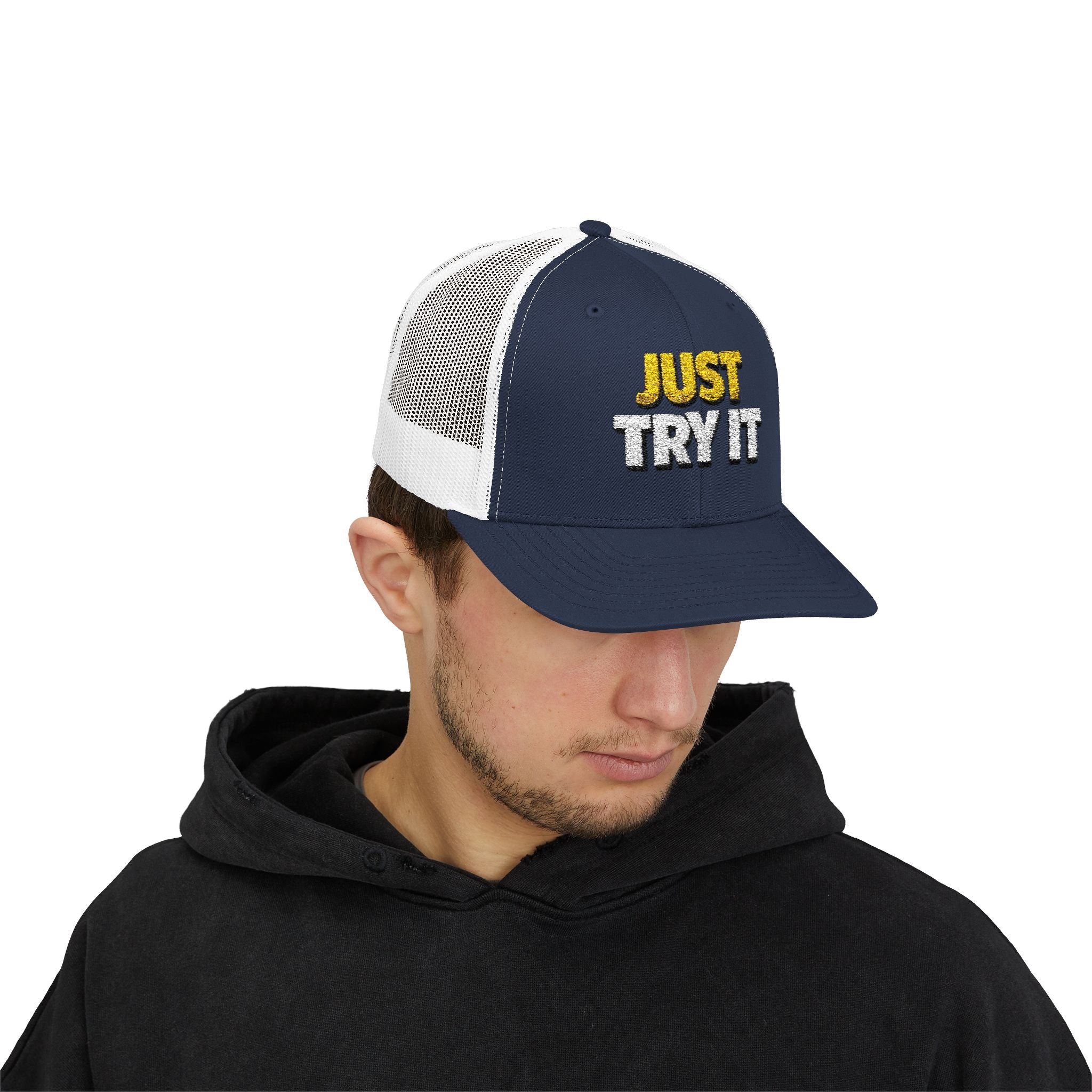Just Try It Snapback Trucker Hat — Casual Motivational Mesh Cap