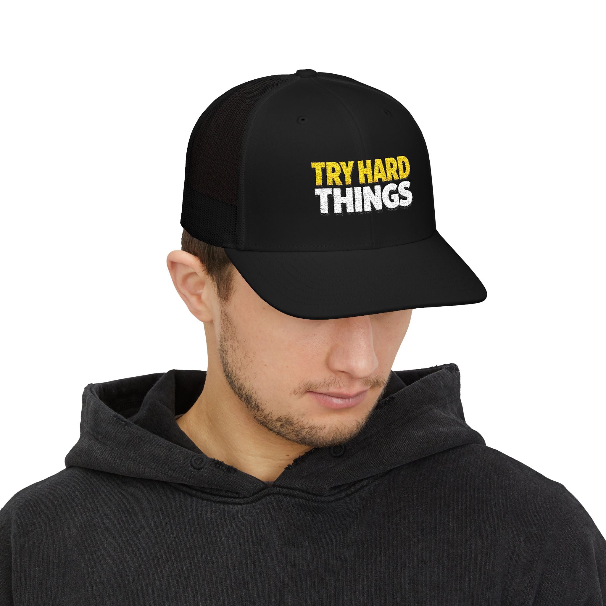 Try Hard Things Embroidered Trucker Hat — Motivational Snapback Cap