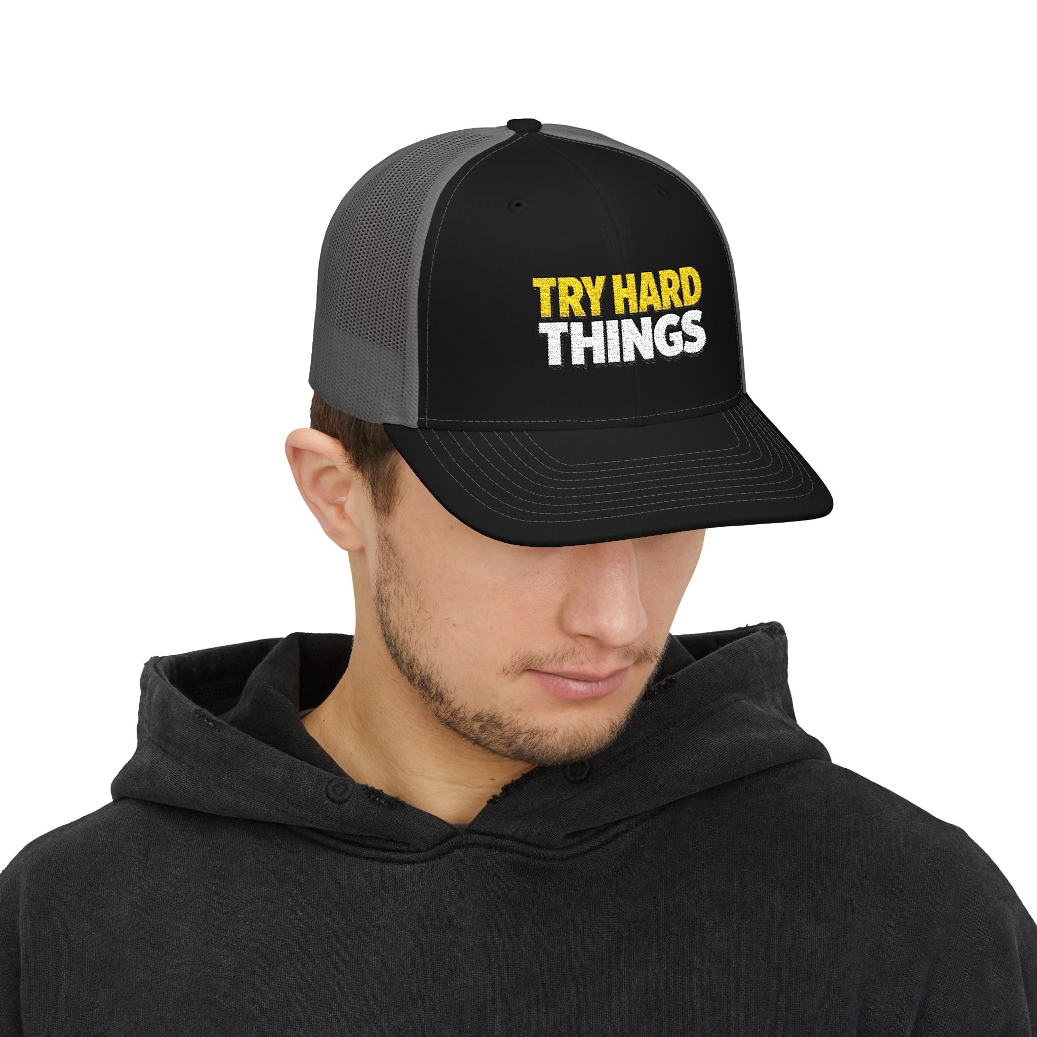 Try Hard Things Embroidered Trucker Hat — Motivational Snapback Cap