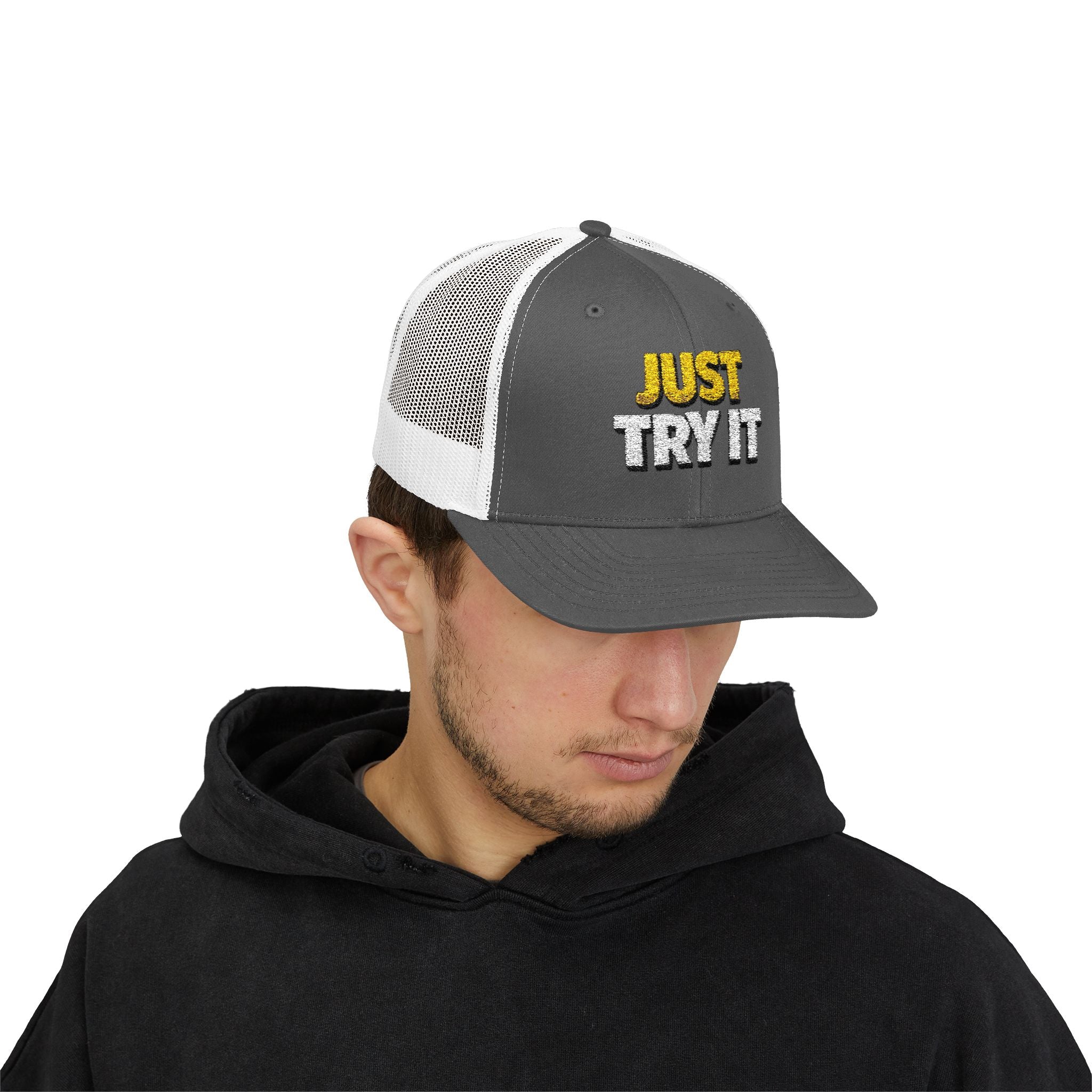 Just Try It Snapback Trucker Hat — Casual Motivational Mesh Cap