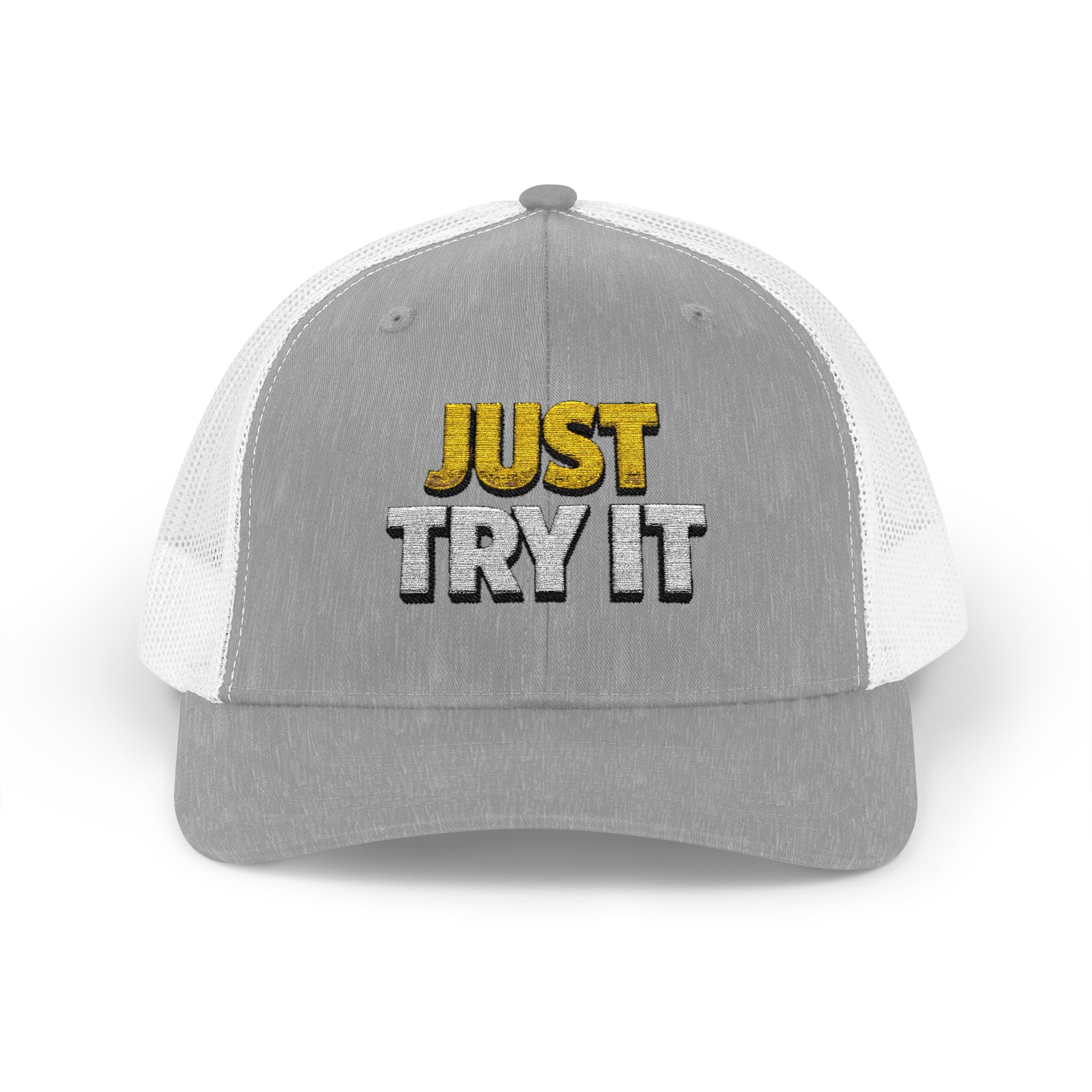 Just Try It Snapback Trucker Hat — Casual Motivational Mesh Cap
