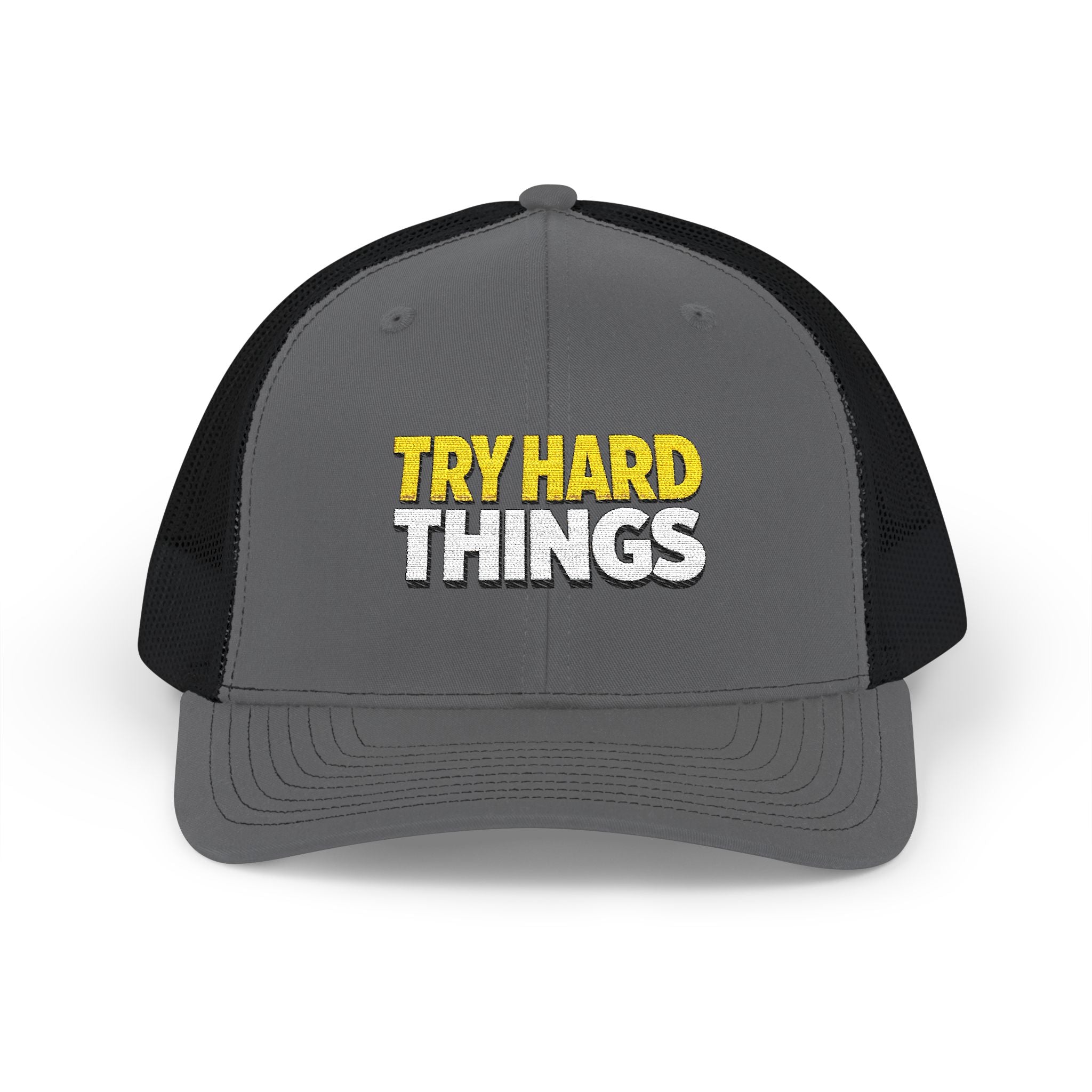 Try Hard Things Embroidered Trucker Hat — Motivational Snapback Cap