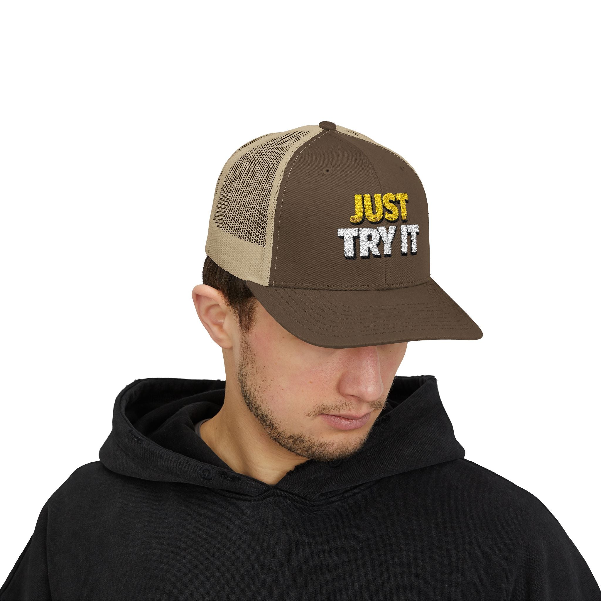 Just Try It Snapback Trucker Hat — Casual Motivational Mesh Cap