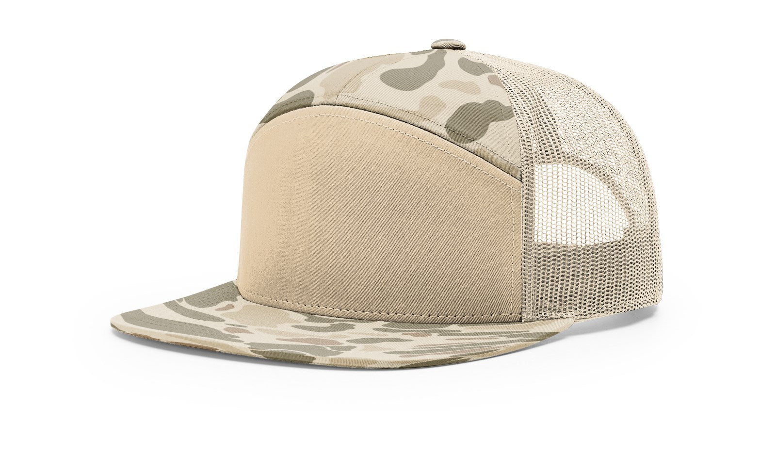 Richardson 168P Camo Flat Bill Trucker Hat in Harvest Duck Camo on white background.
