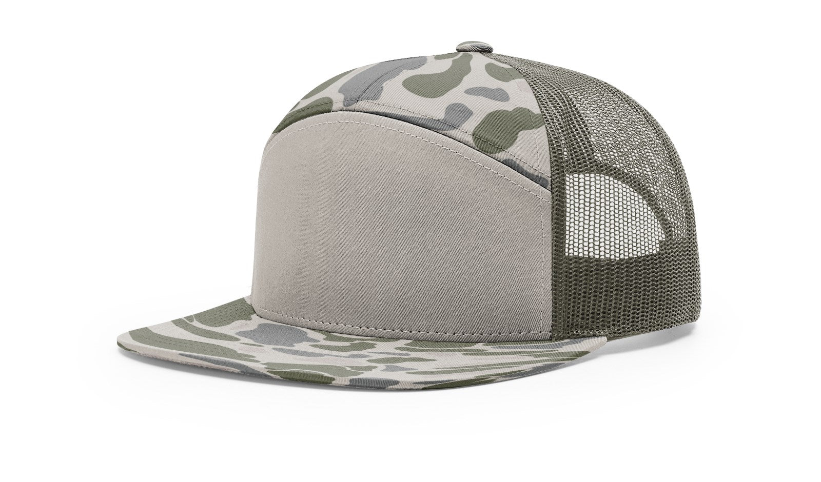 Richardson 168P Camo Flat Bill Trucker Hat in Marsh Duck Camo and Loden Green.
