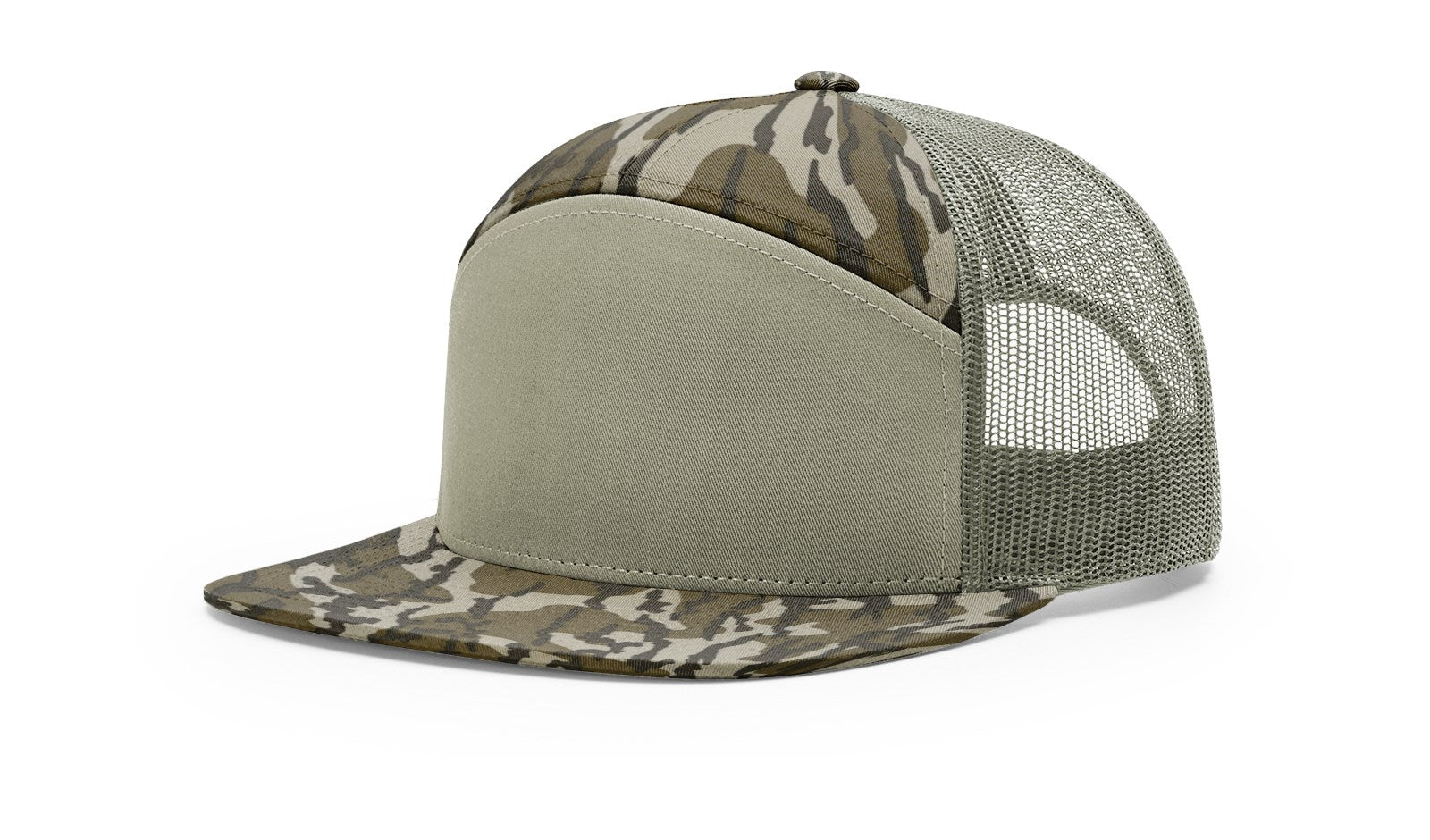 Richardson 168P Duck Camo Trucker Hat with a flat bill and mesh back.