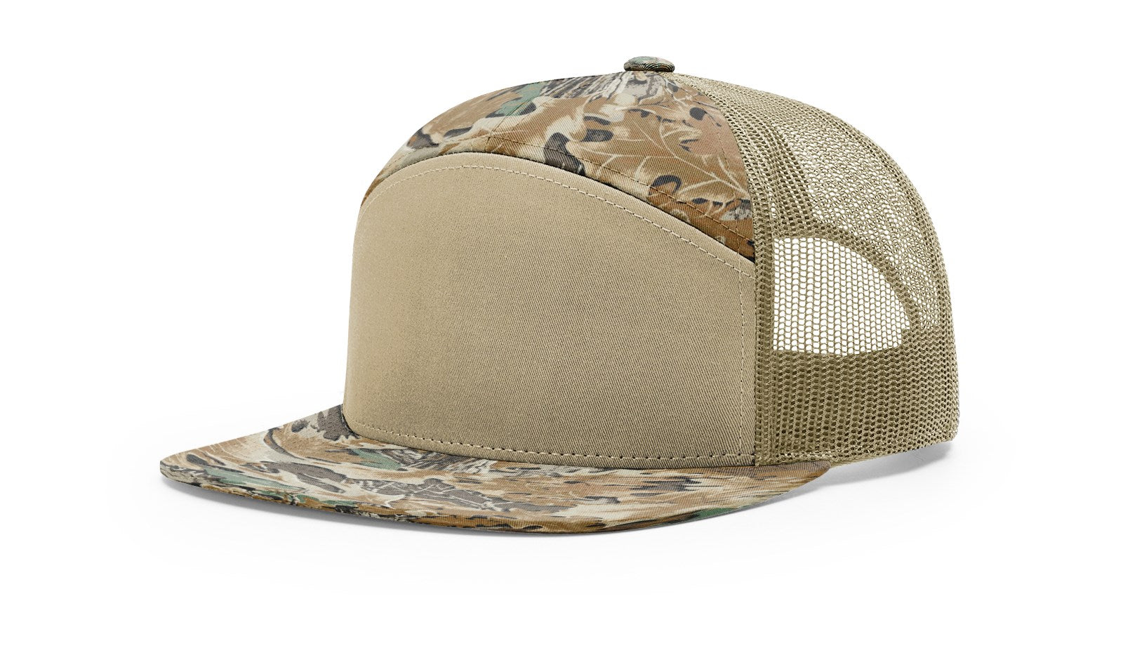 Richardson 168P Camo Flat Bill Trucker Hat in Duck Camo, khaki and green tones.