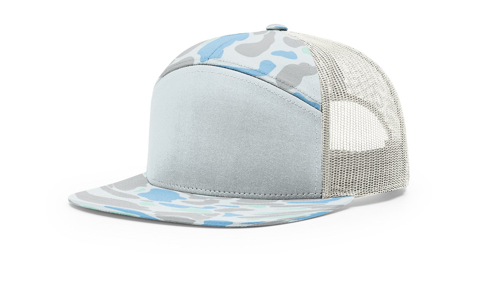 Duck camo Richardson 168P flat bill trucker hat with mesh back and grey accents.