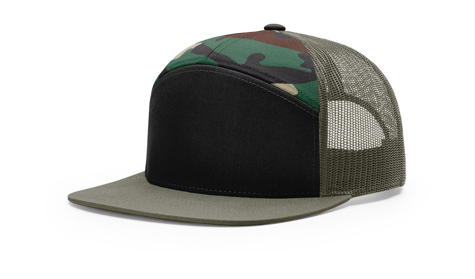 Richardson 168 7-Panel Trucker Cap in black, green camo, and loden.