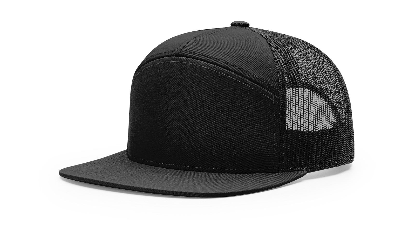 Black Richardson 168 7-Panel Trucker Cap with high-profile snapback design.