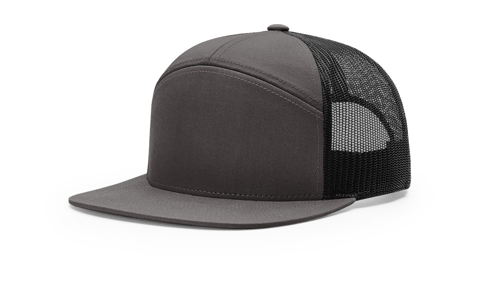 Richardson 168 Charcoal-Black 7-Panel Trucker Cap, high-profile snapback design.