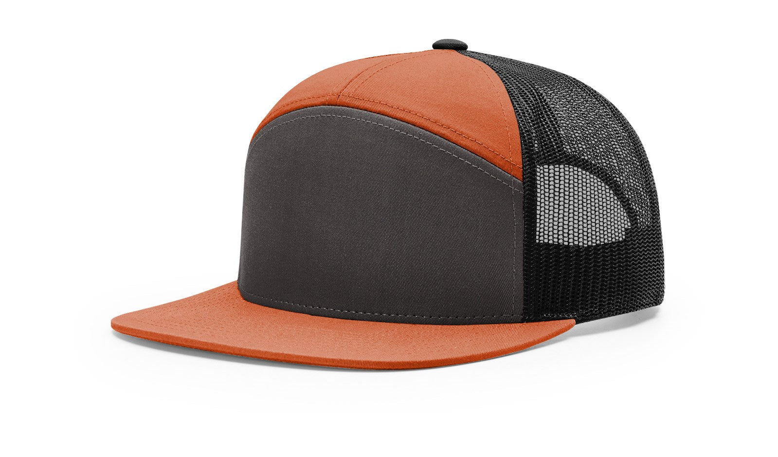 Charcoal/Burnt Orange Richardson 168 7-Panel Trucker Cap, high-profile snapback.
