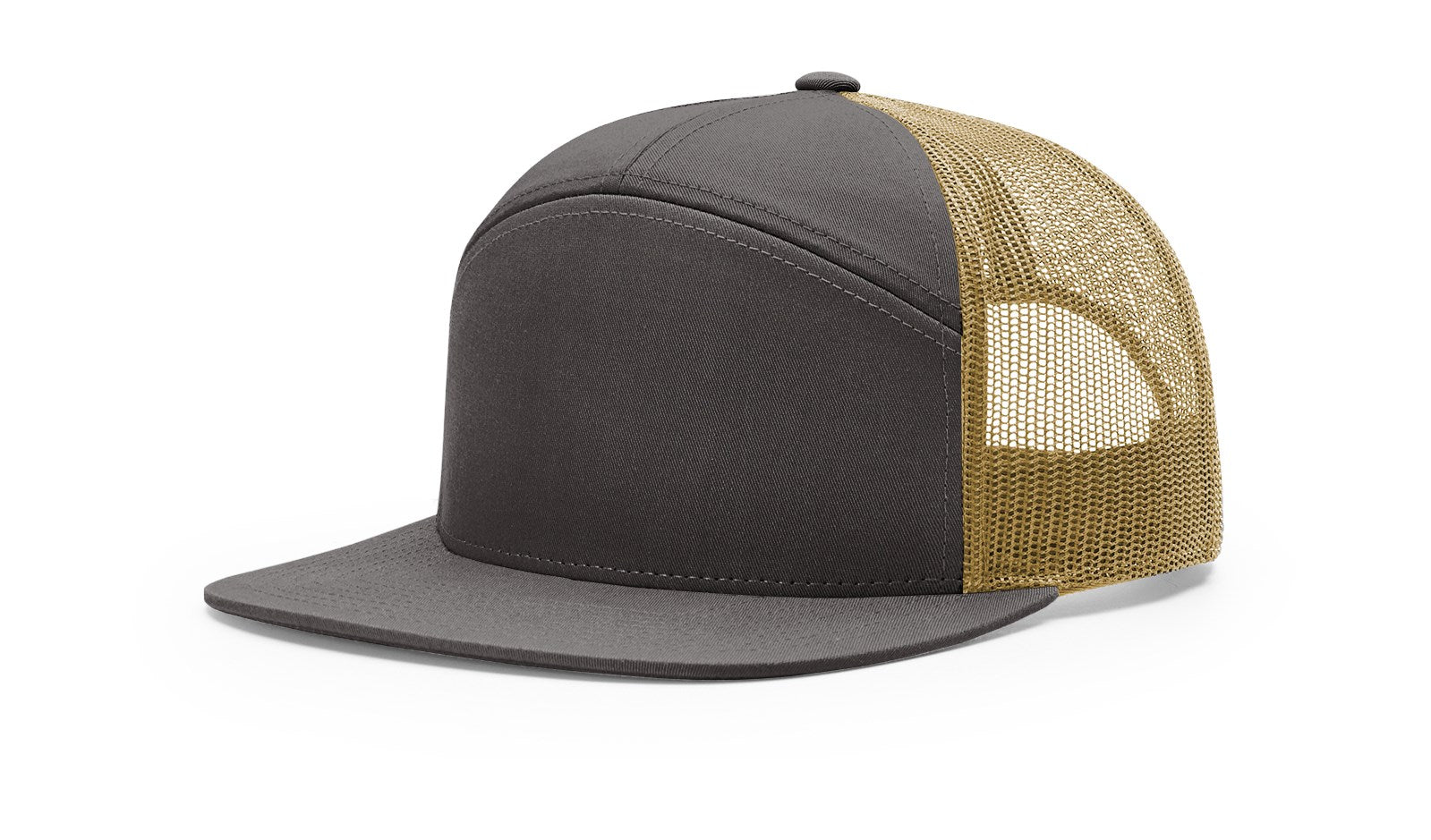 Richardson 168 7-Panel Trucker Cap in Charcoal and Old Gold, high-profile snapback.