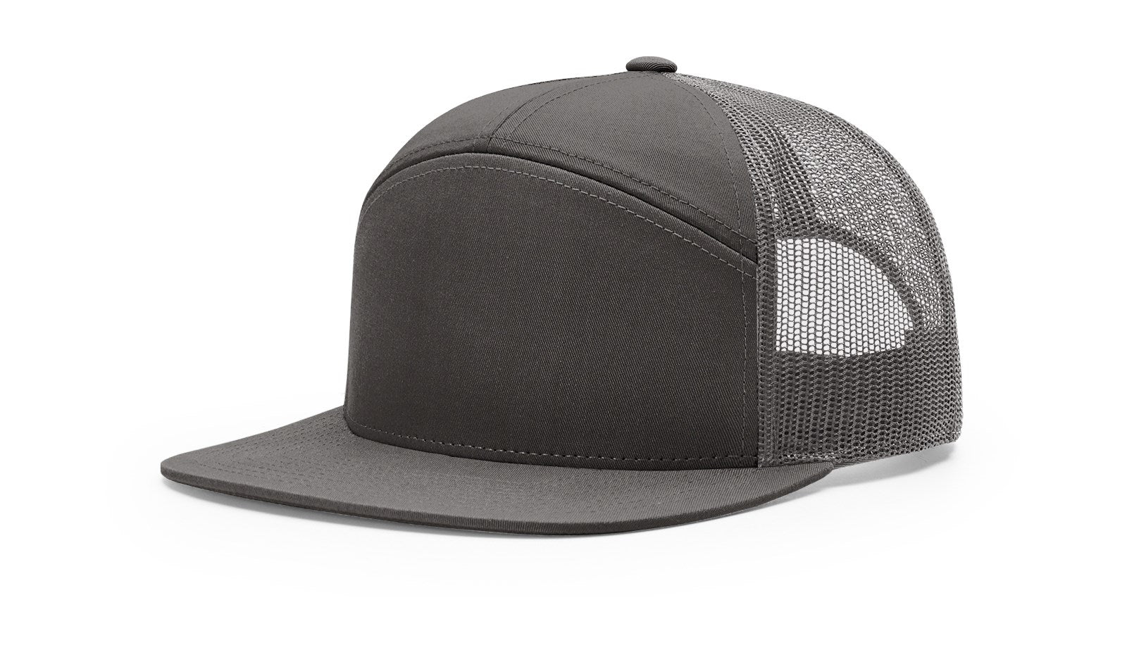 Charcoal Richardson 168 7-Panel Trucker Cap, modern high-profile snapback design.