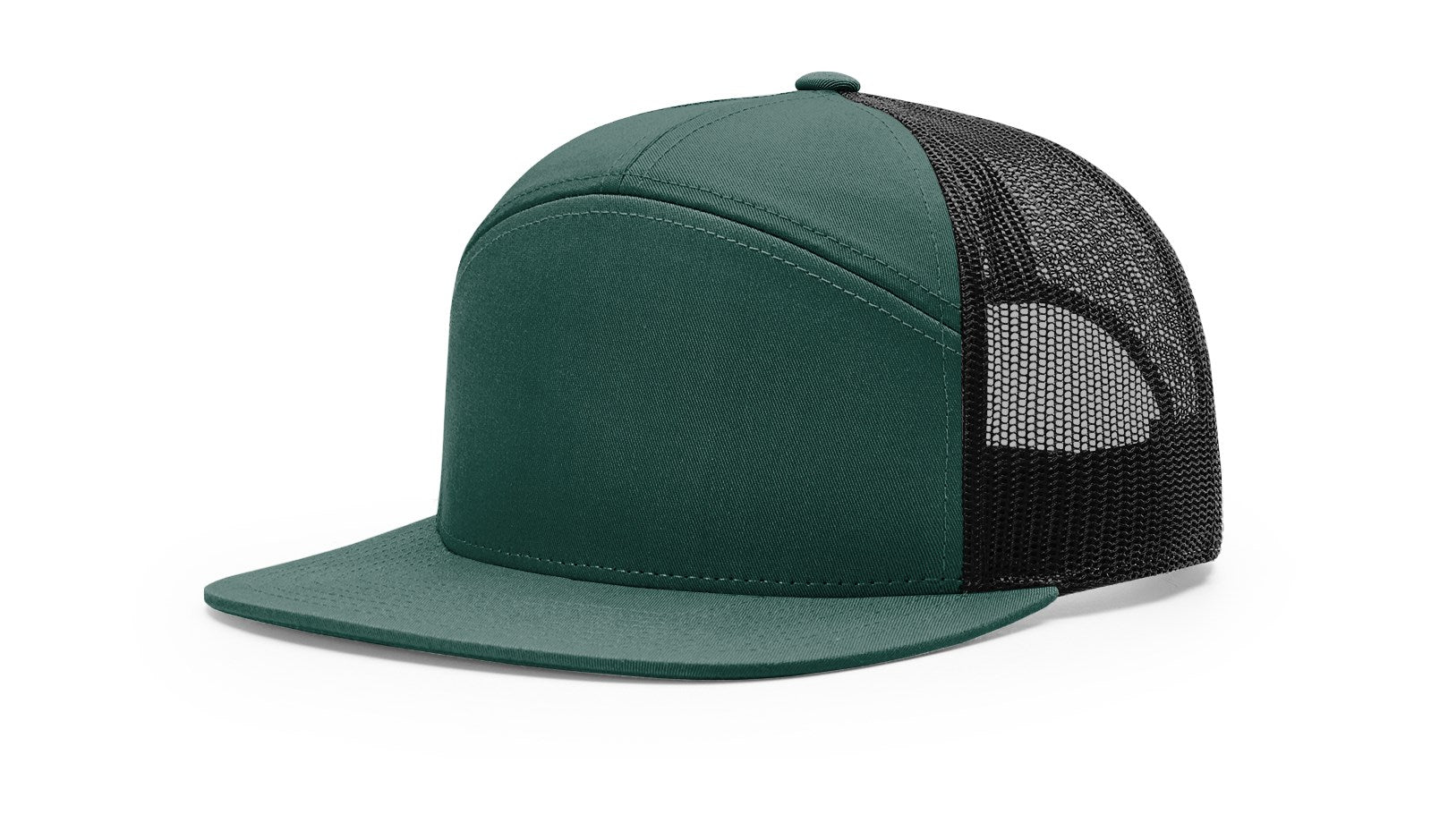 Dark green-black Richardson 168 7-Panel Trucker Cap, modern high-profile snapback.