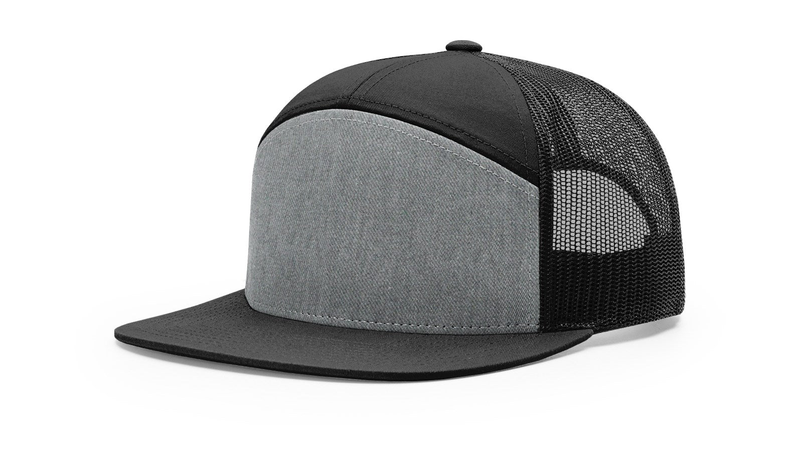 Richardson 168 7-Panel Trucker Cap, heather grey-black, high-profile snapback.