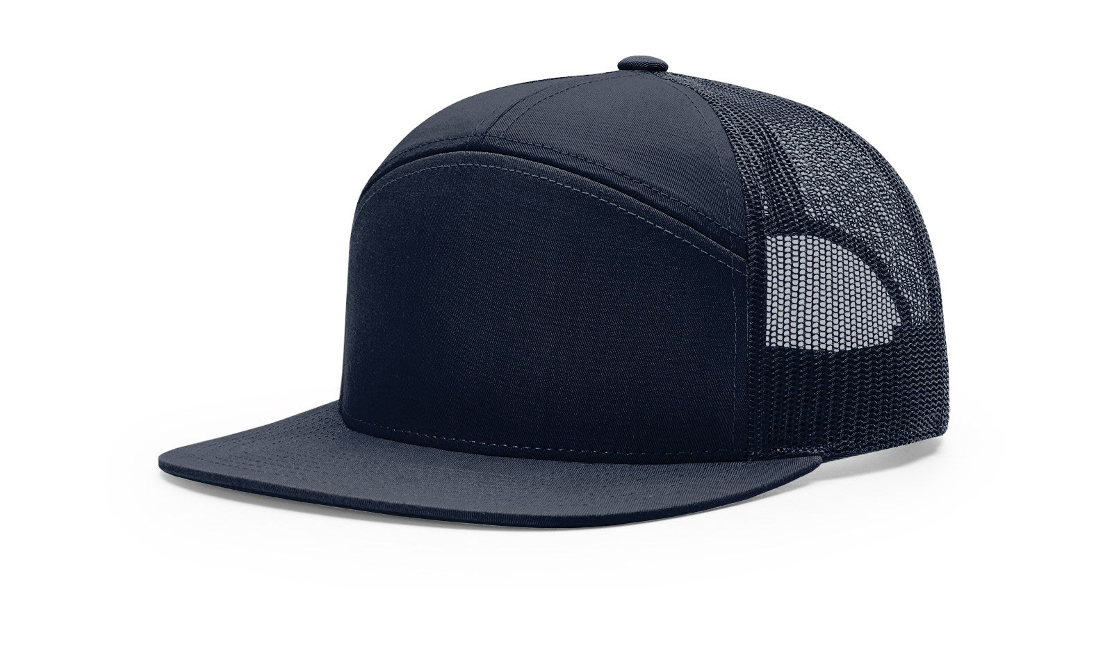 Richardson 168 Navy 7-Panel Trucker Cap with high-profile snapback design.