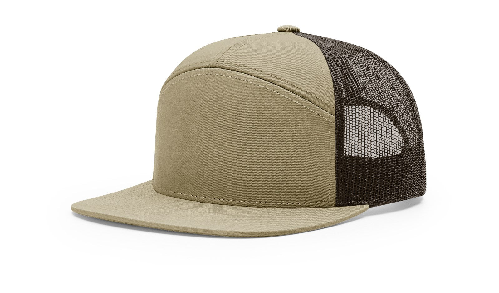 Richardson 168 7-Panel Trucker Cap, pale khaki crown, brown brim, snapback.