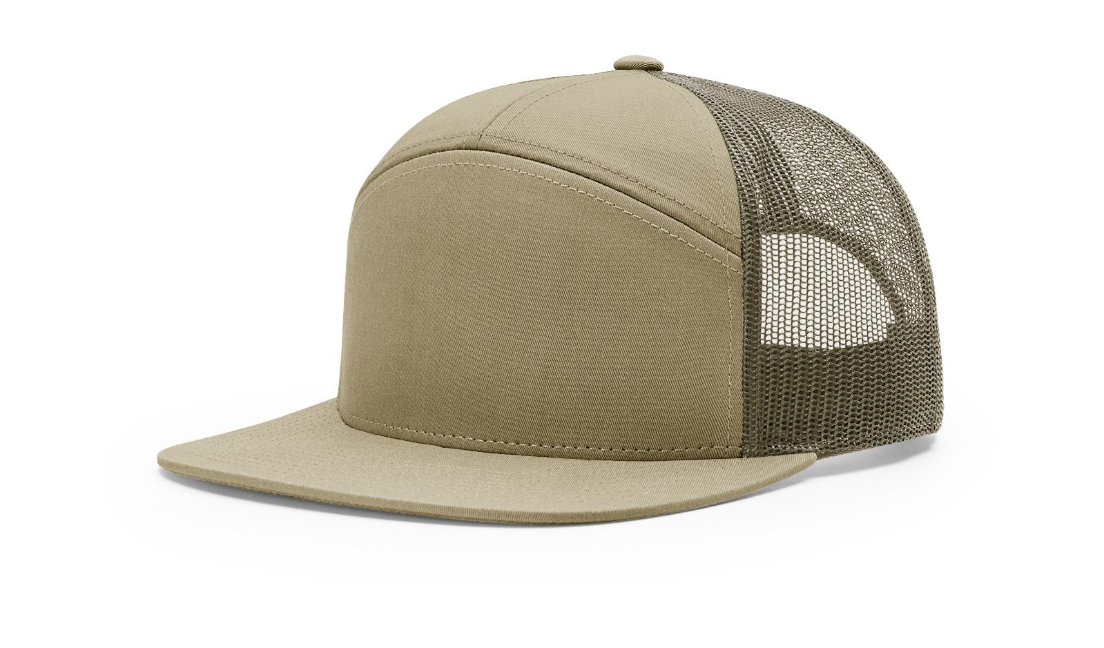 Richardson 168 7-Panel Trucker Cap in Pale Khaki-Loden, high-profile snapback.