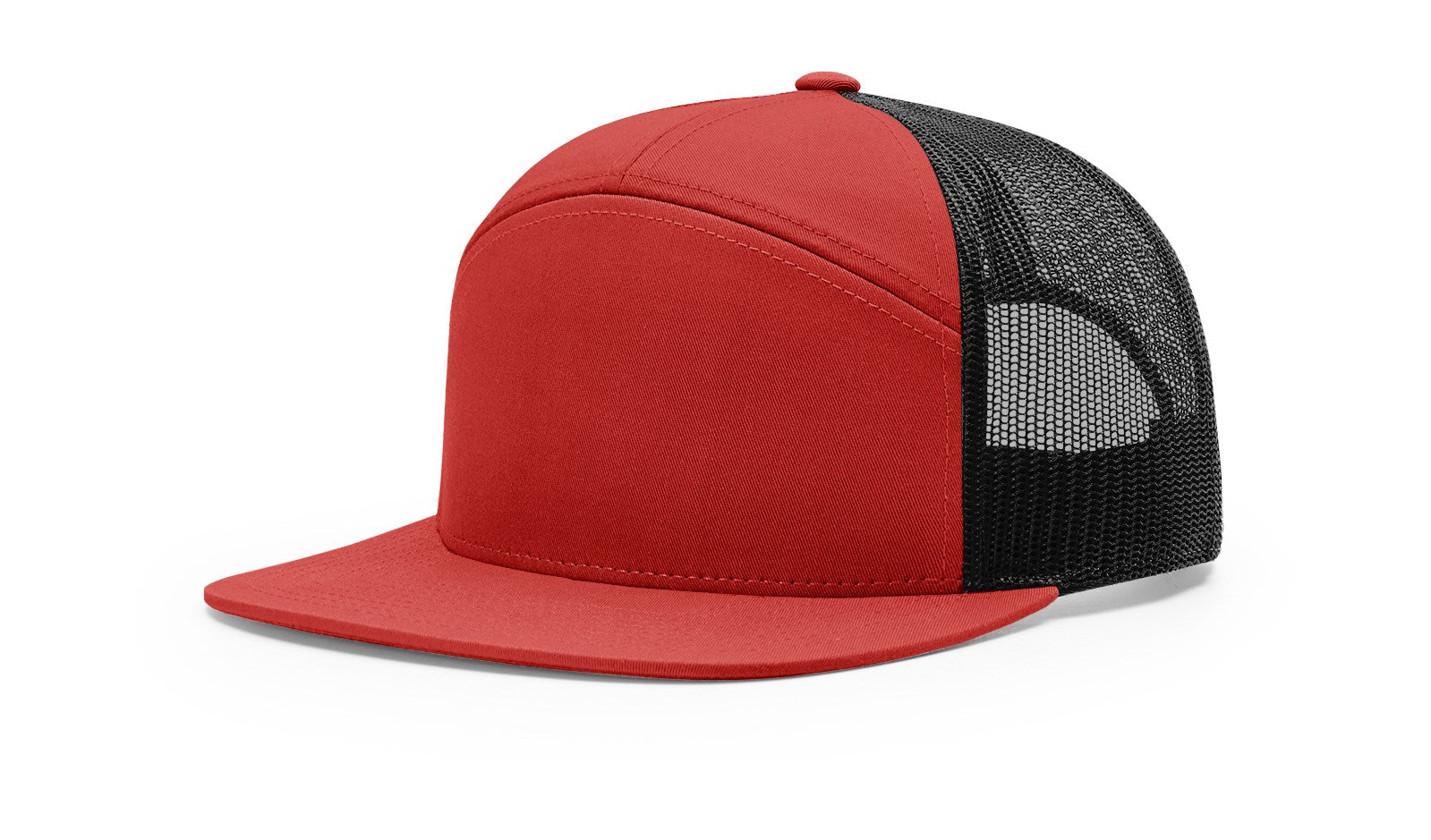 Red and black Richardson 168 7-Panel Trucker Cap with high-profile snapback.