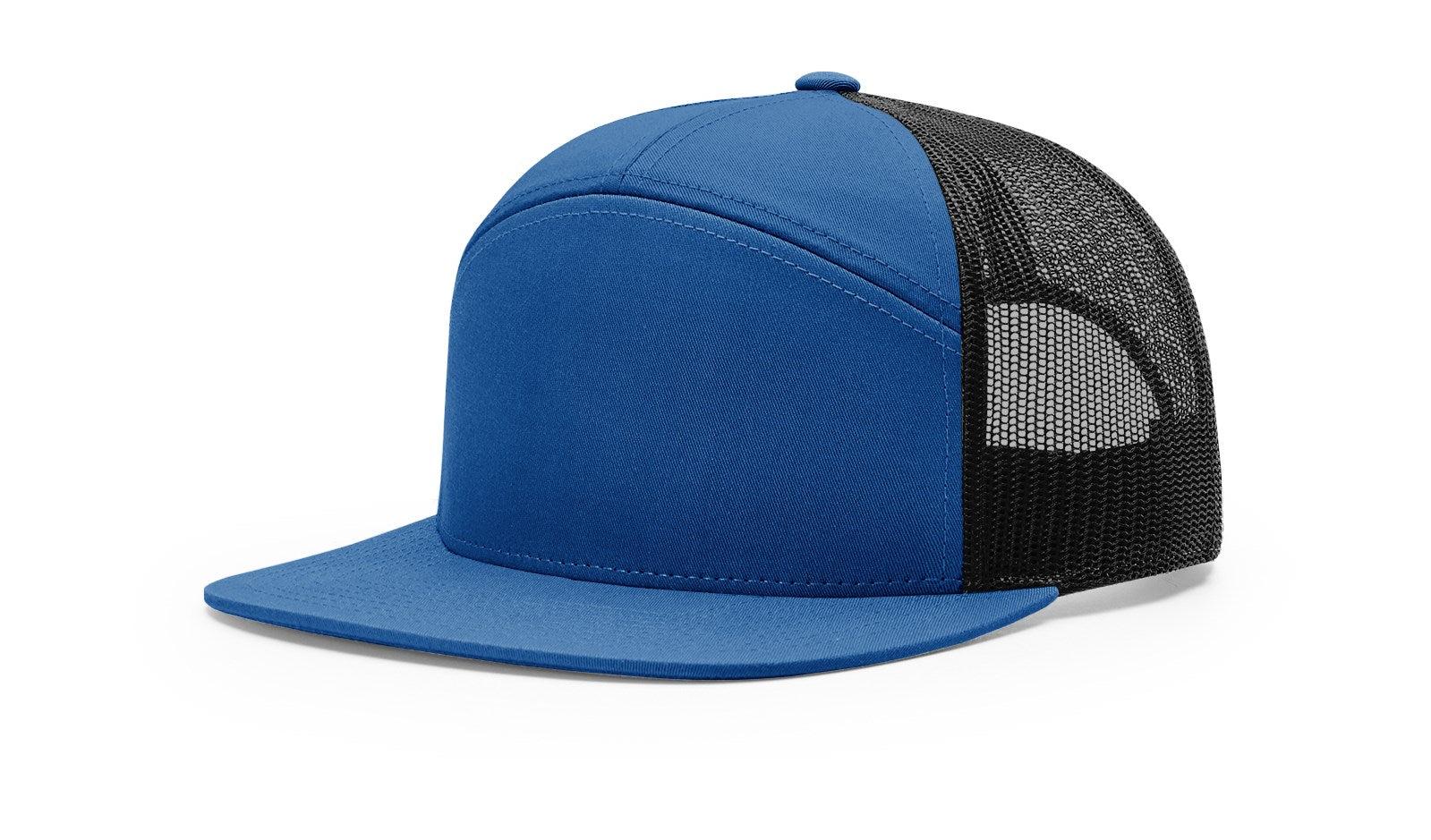 Richardson 168 7-Panel Trucker Cap in Royal/Black, high-profile snapback.