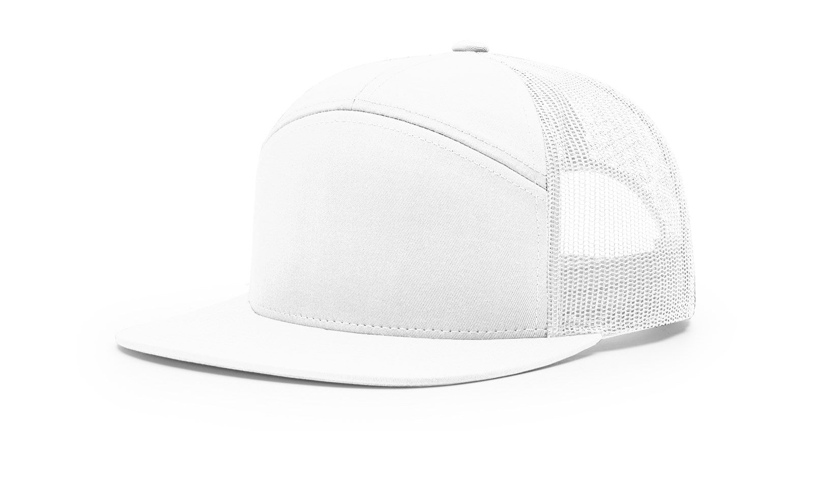 White Richardson 168 7-Panel Trucker Cap, high-profile snapback design.