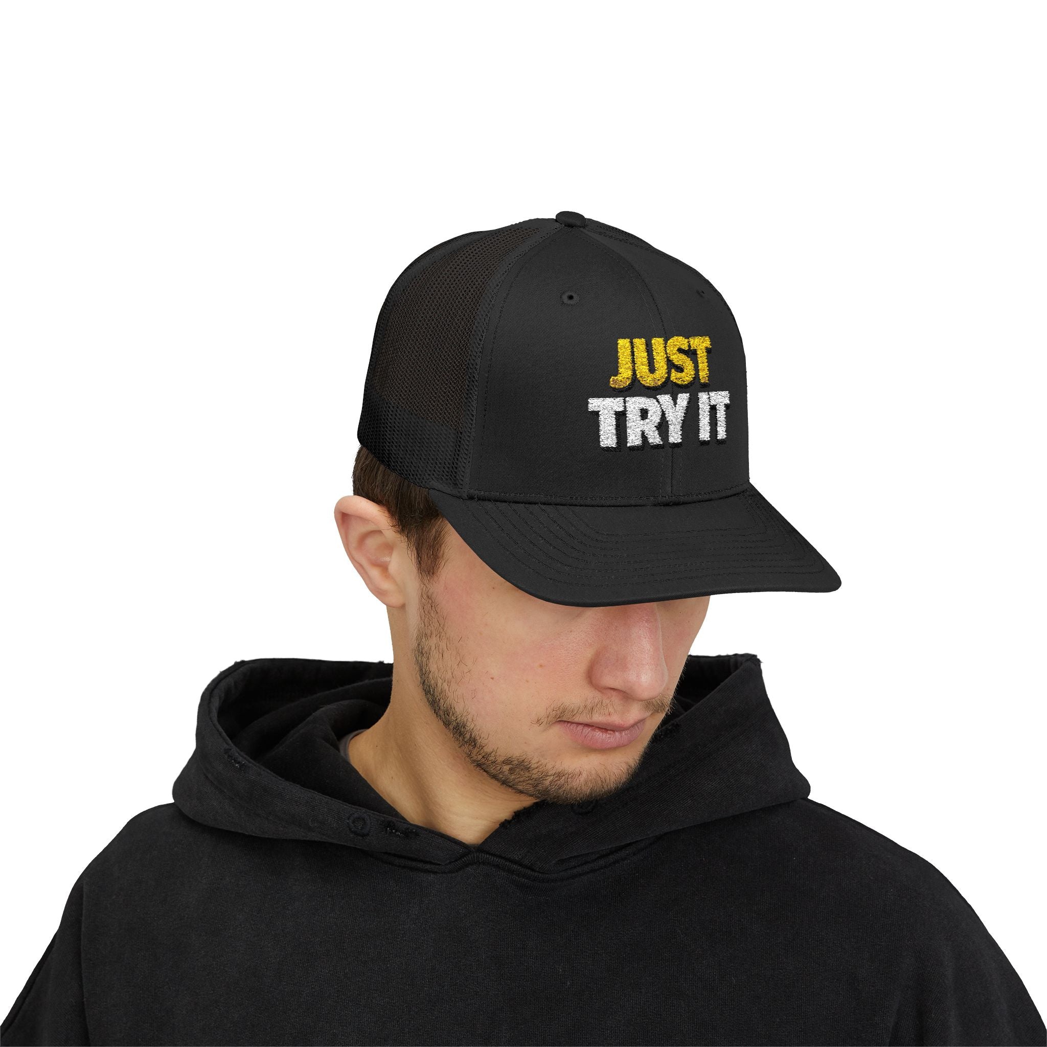 Just Try It Snapback Trucker Hat — Casual Motivational Mesh Cap