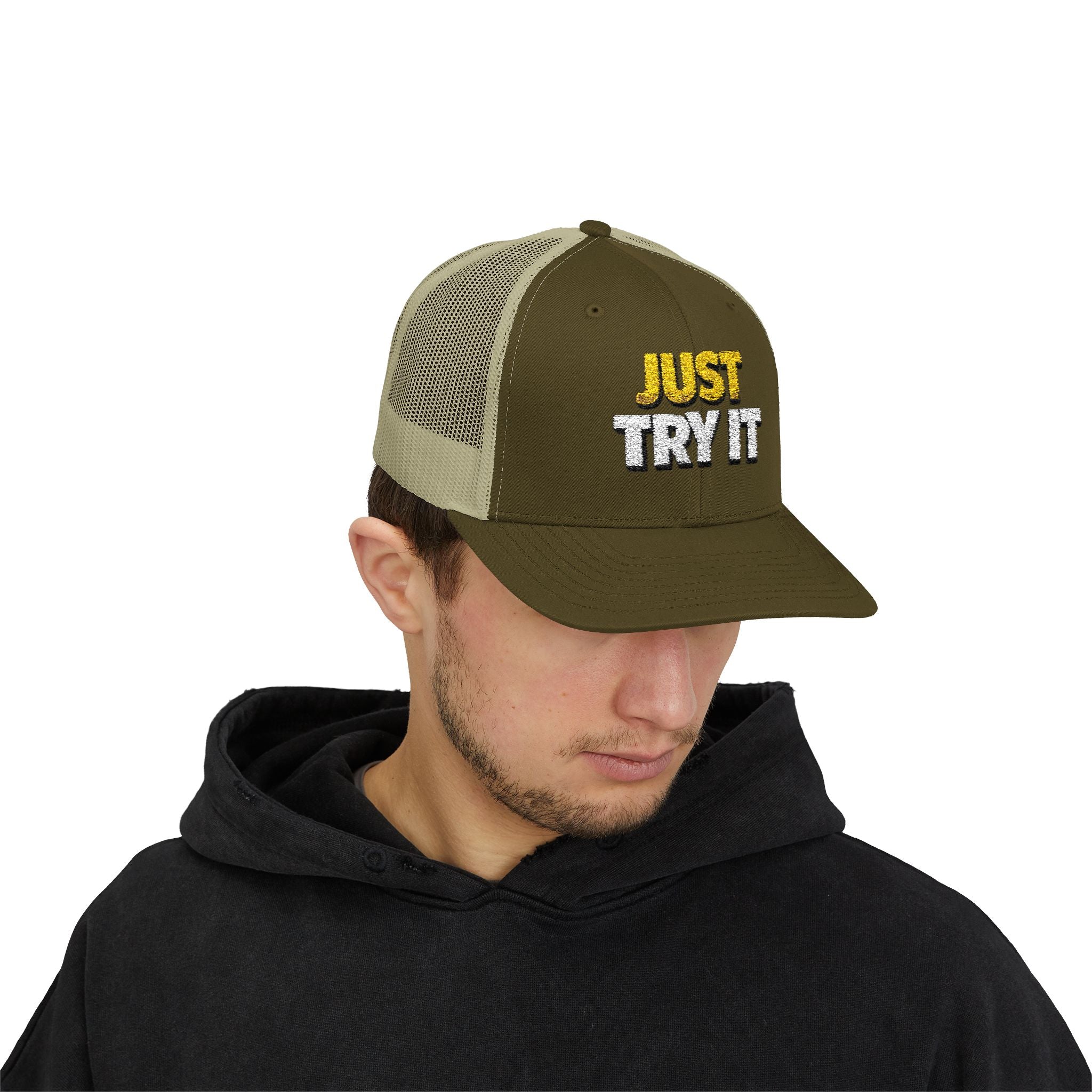 Just Try It Snapback Trucker Hat — Casual Motivational Mesh Cap