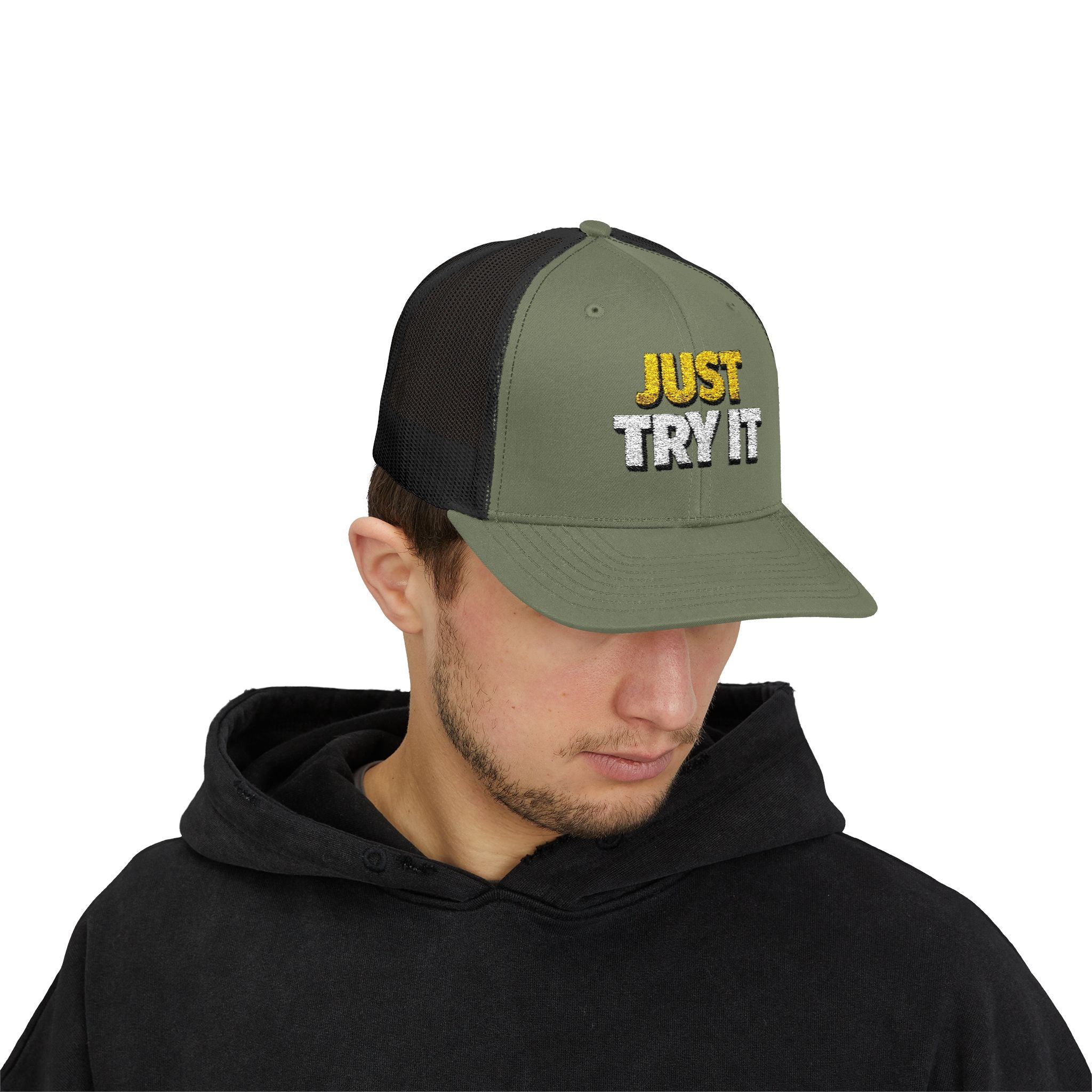 Just Try It Snapback Trucker Hat — Casual Motivational Mesh Cap