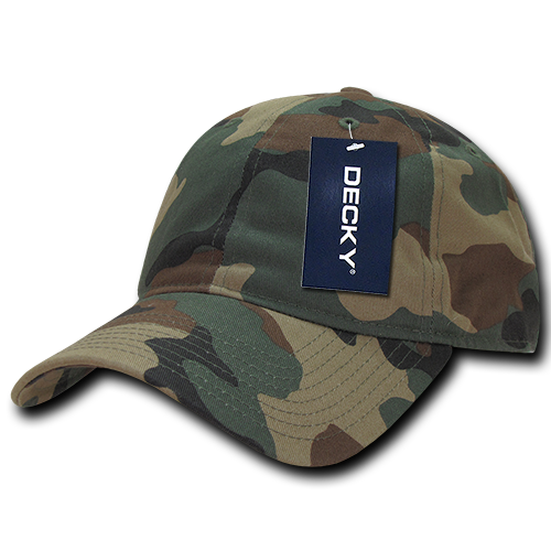 Decky 216 Relaxed Cotton Camo Cap in woodland camo pattern, front view.