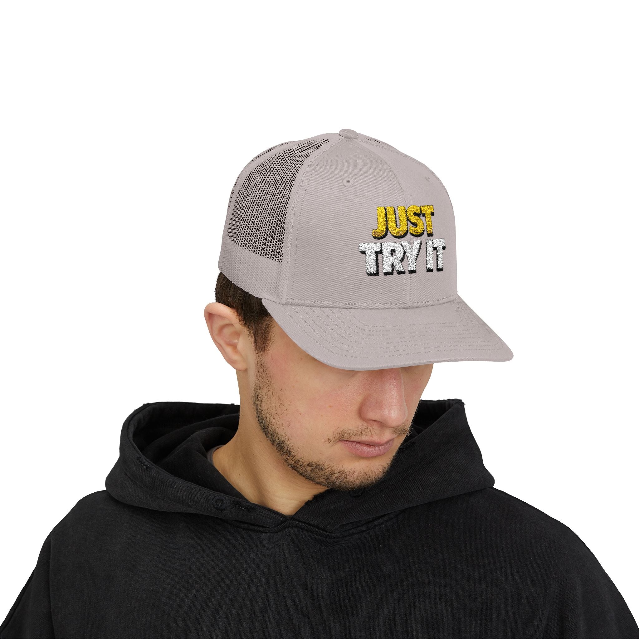 Just Try It Snapback Trucker Hat — Casual Motivational Mesh Cap