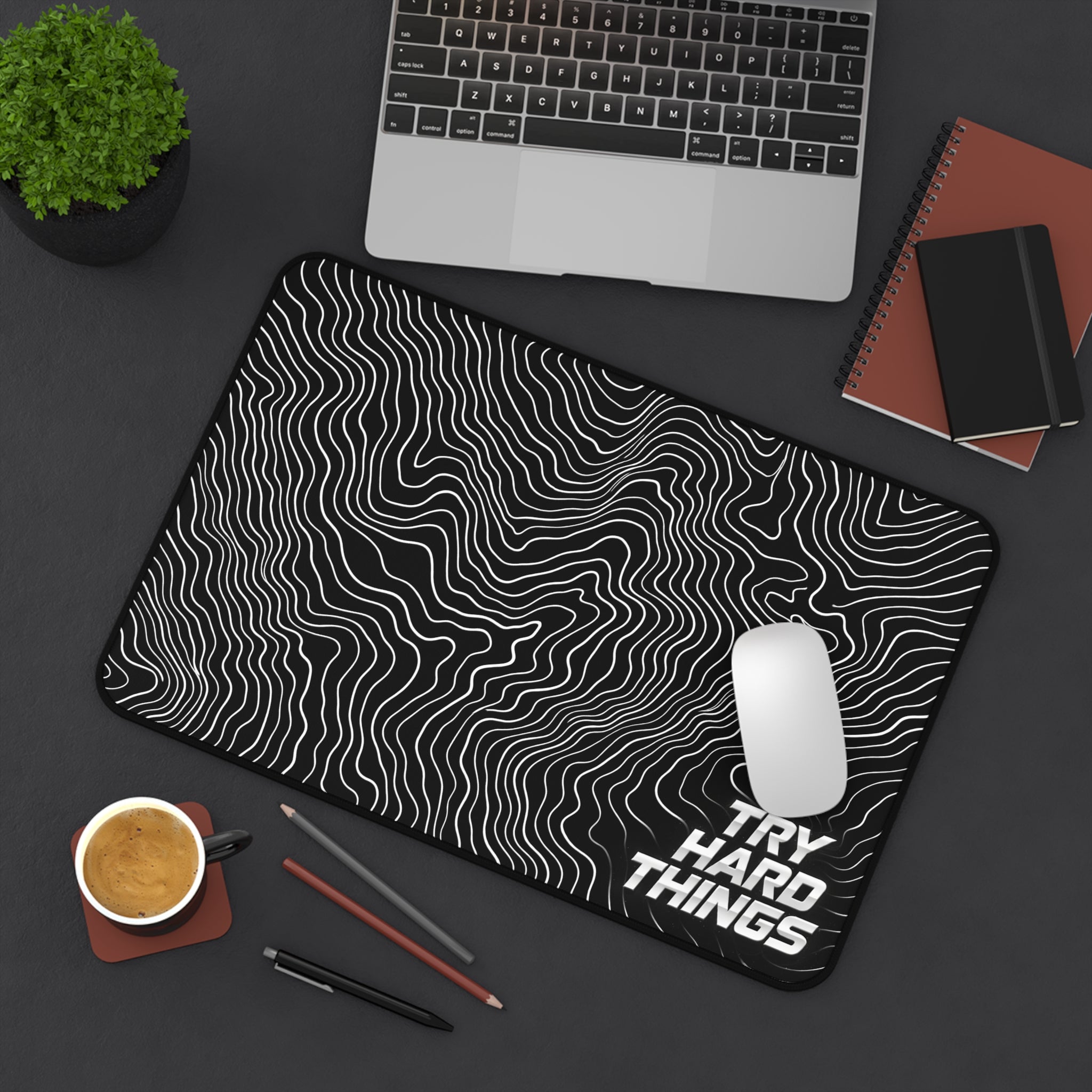 Try Hard Things Desk Mat – Motivational Black Contour Design Mouse Pad