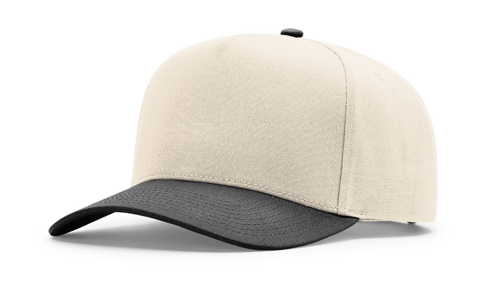 Two-tone cap with beige top and black bottom on a white background