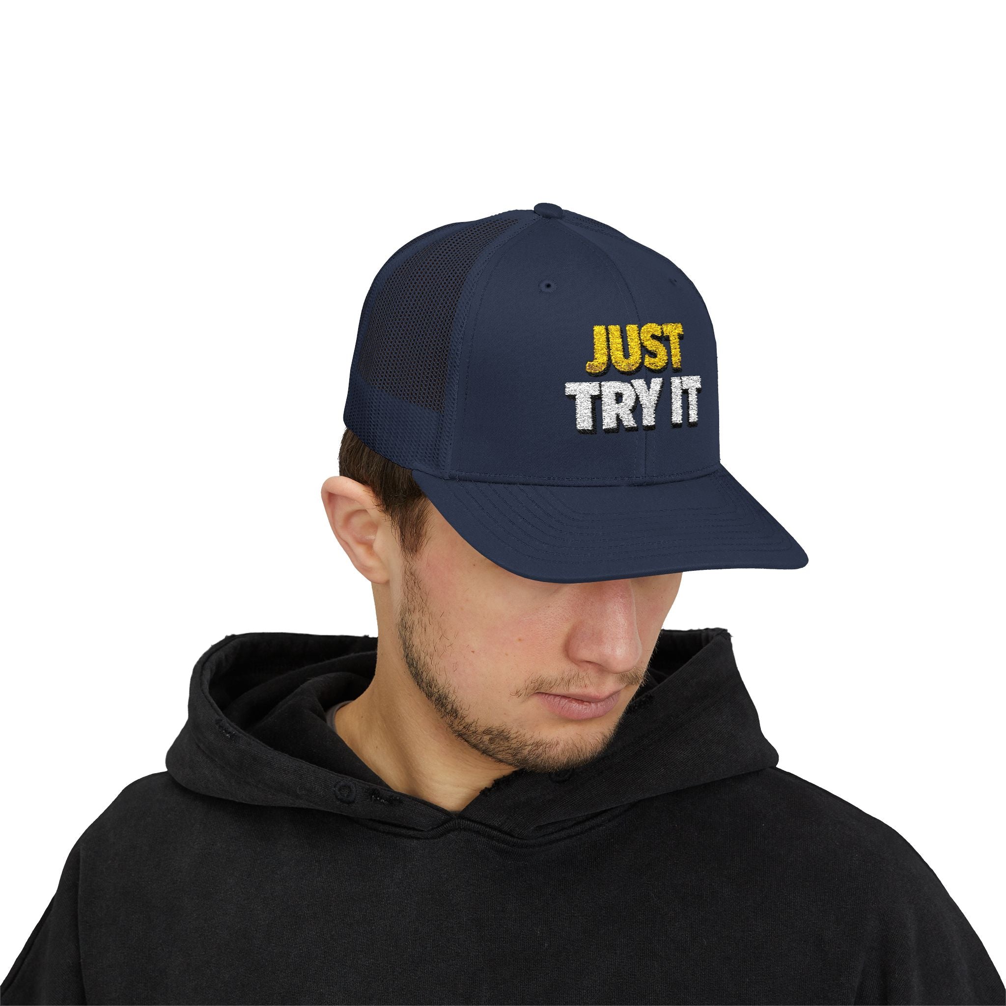 Just Try It Snapback Trucker Hat — Casual Motivational Mesh Cap